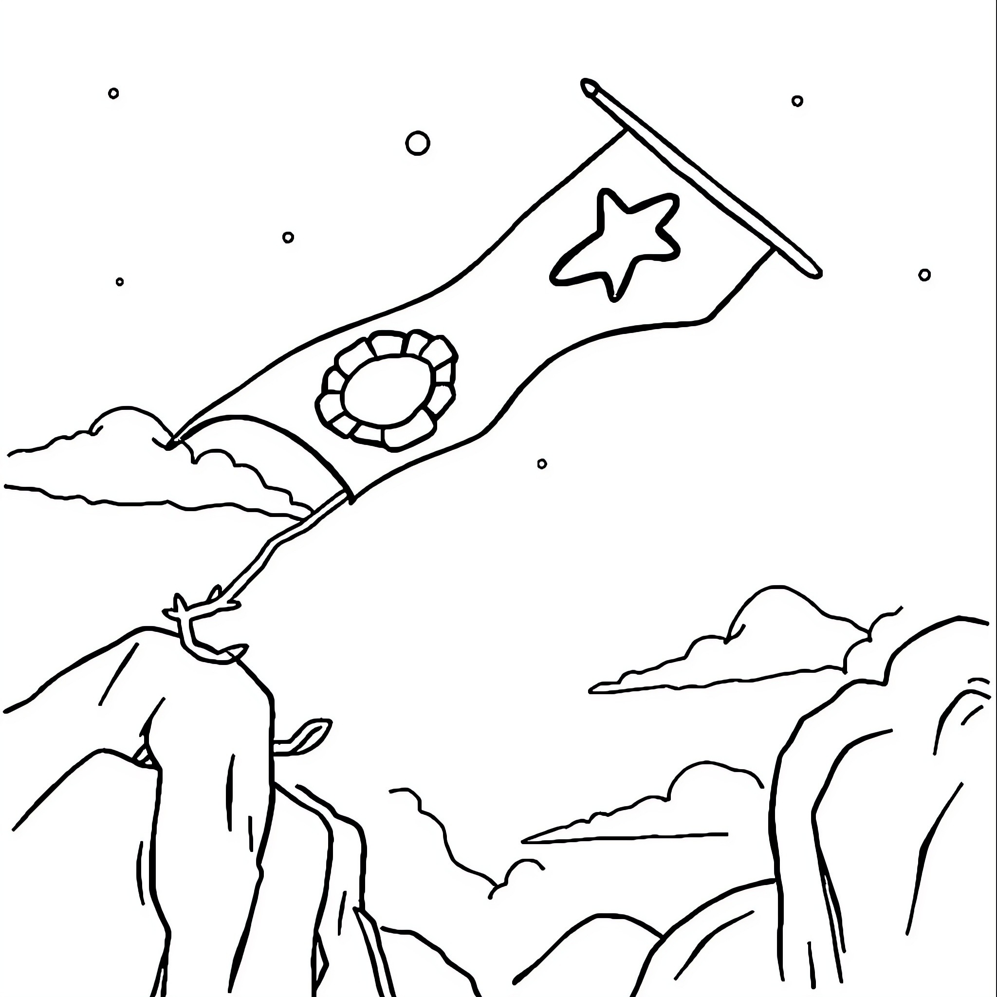 Kite flying in the sky with clouds Coloring Page (free black-and-white line drawing printable PDF for all, from beginners to advanced learners, including children, teens, adults, and seniors)
