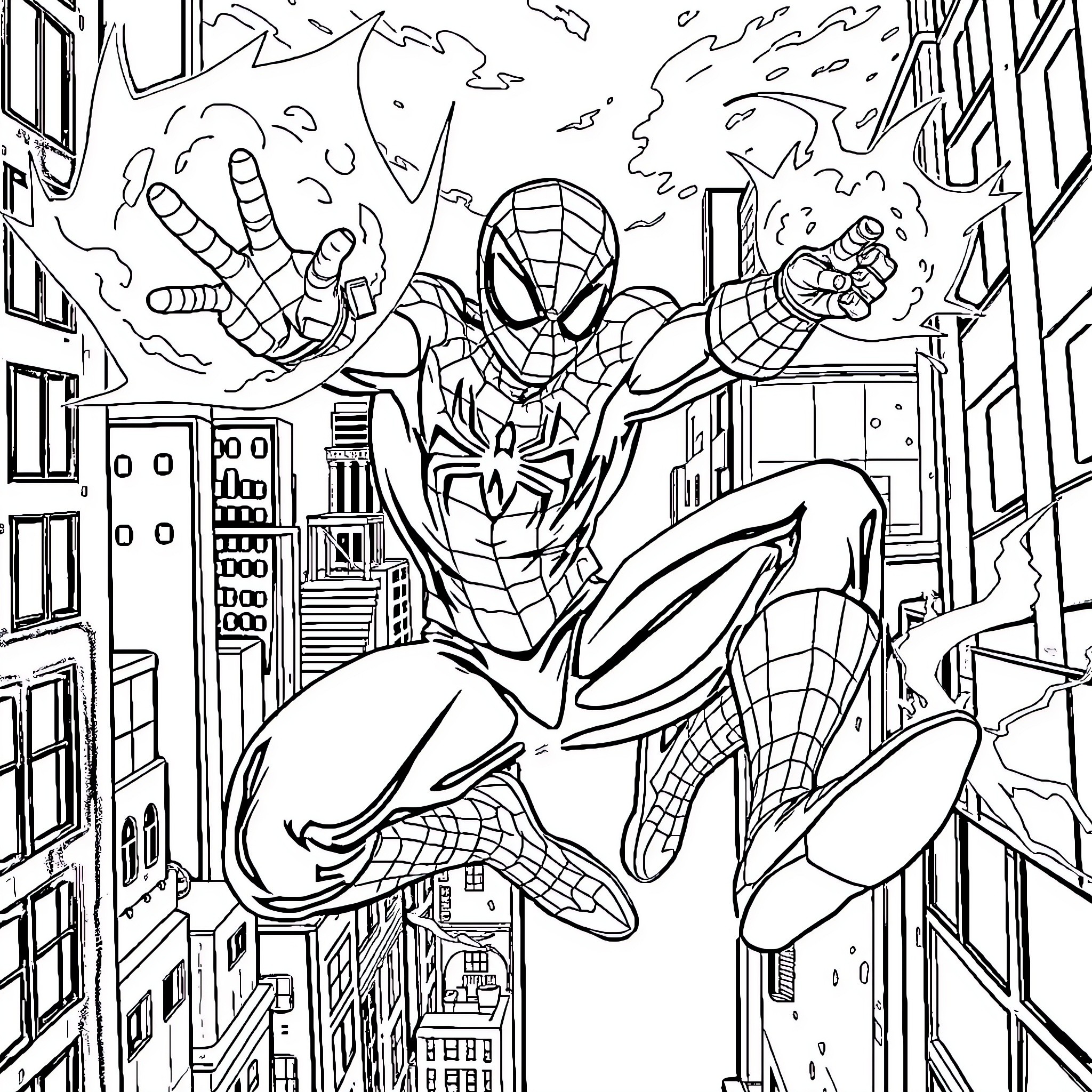 Spiderman swinging through the city in action Coloring Page (free black-and-white line drawing printable PDF for all, from beginners to advanced learners, including children, teens, adults, and seniors)