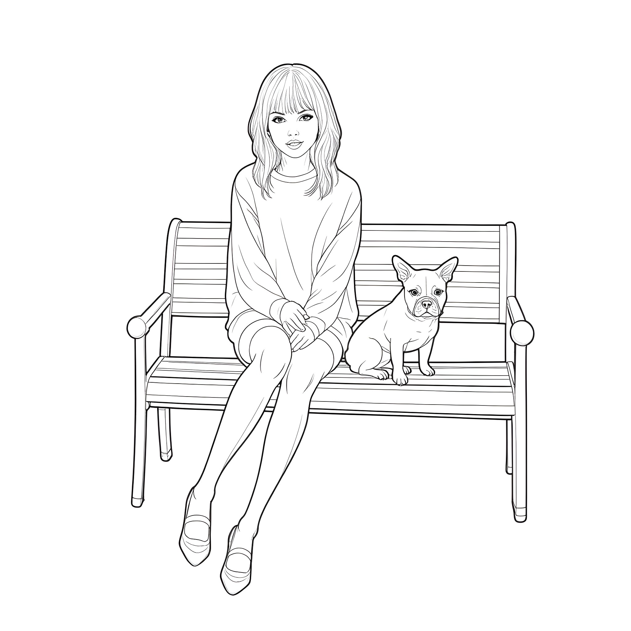 Taylor Swift sitting on a bench with a pet dog Coloring Page (free black-and-white line drawing printable PDF for all, from beginners to advanced learners, including children, teens, adults, and seniors)