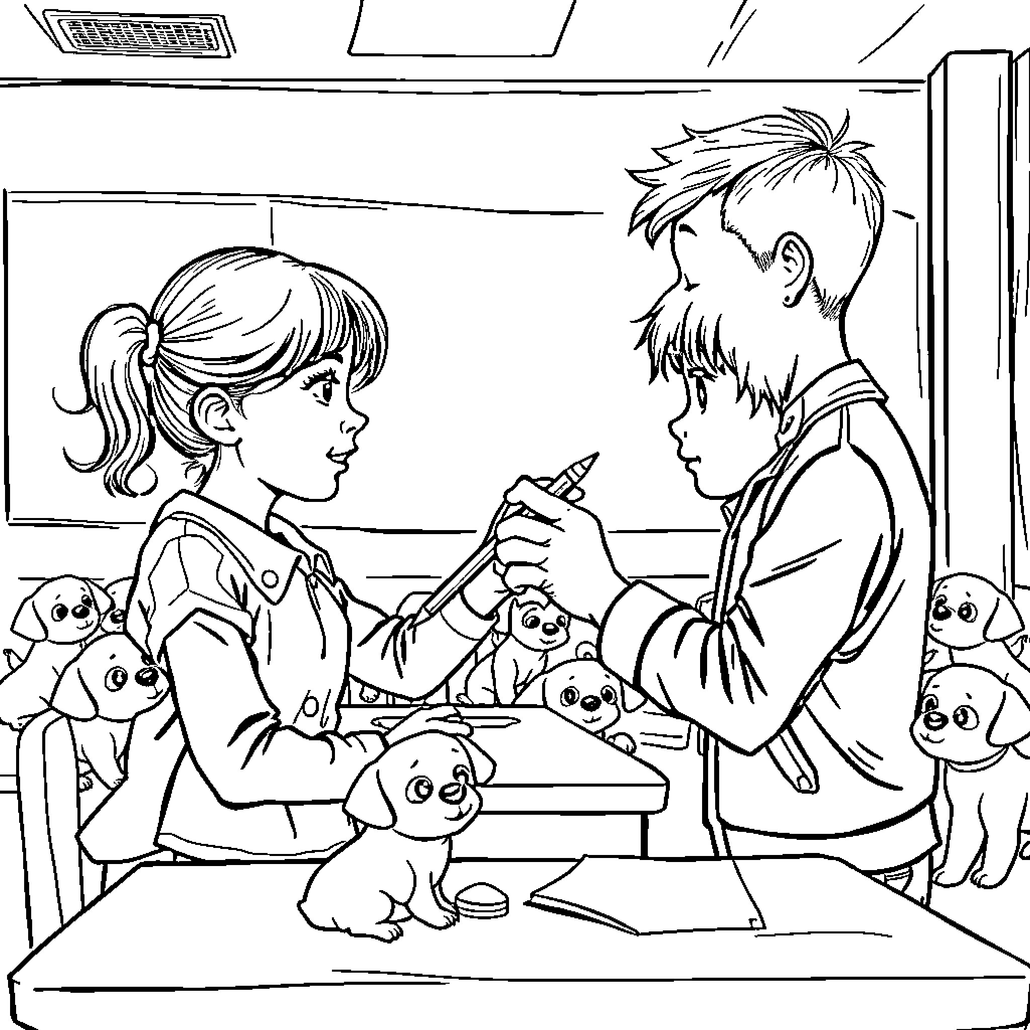 Nina and her friend playing with toys at school Coloring Page (free black-and-white line drawing printable PDF for all, from beginners to advanced learners, including children, teens, adults, and seniors)