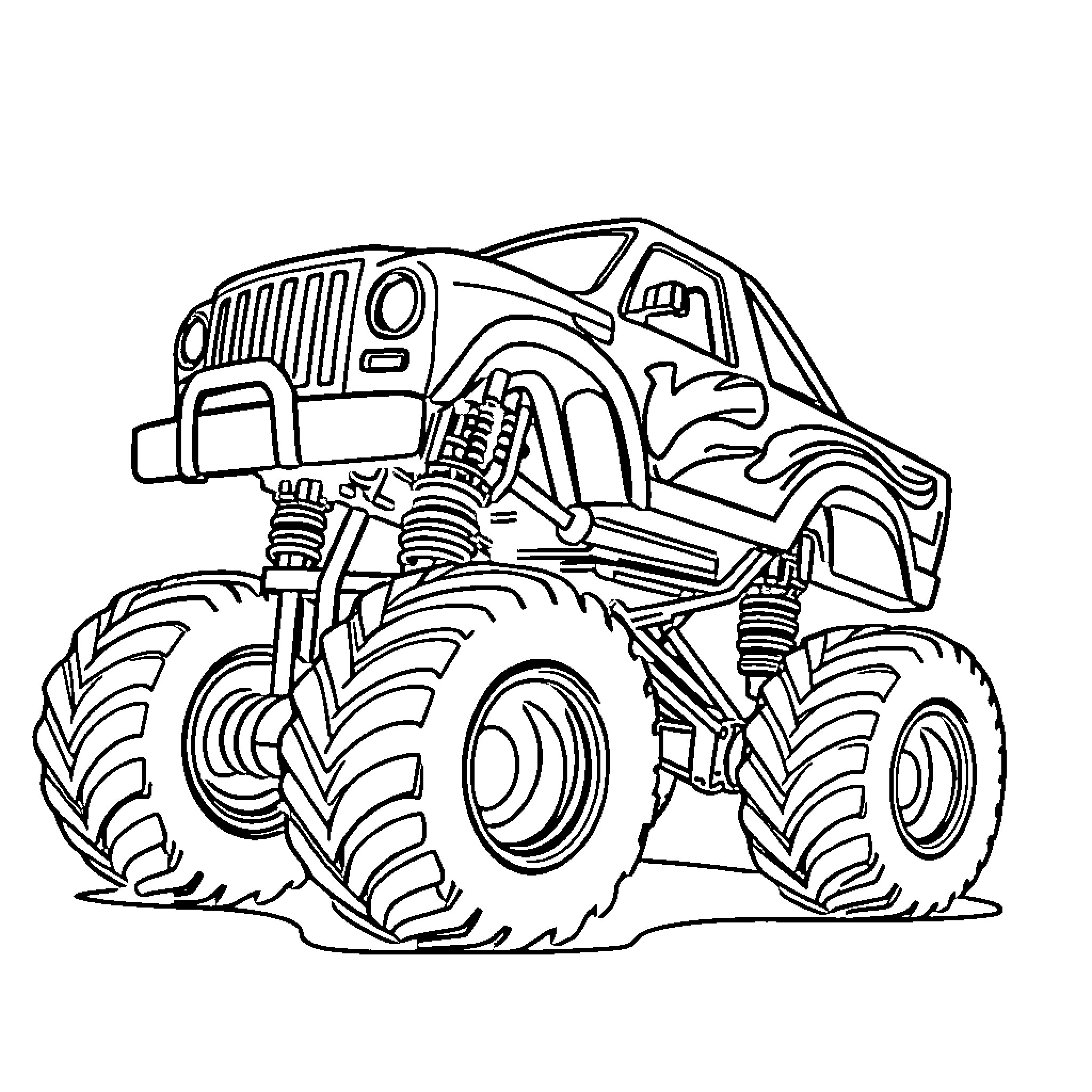 Monster Truck Performing Extreme Stunts Coloring Page (free black-and-white line drawing printable PDF for all, from beginners to advanced learners, including children, teens, adults, and seniors)