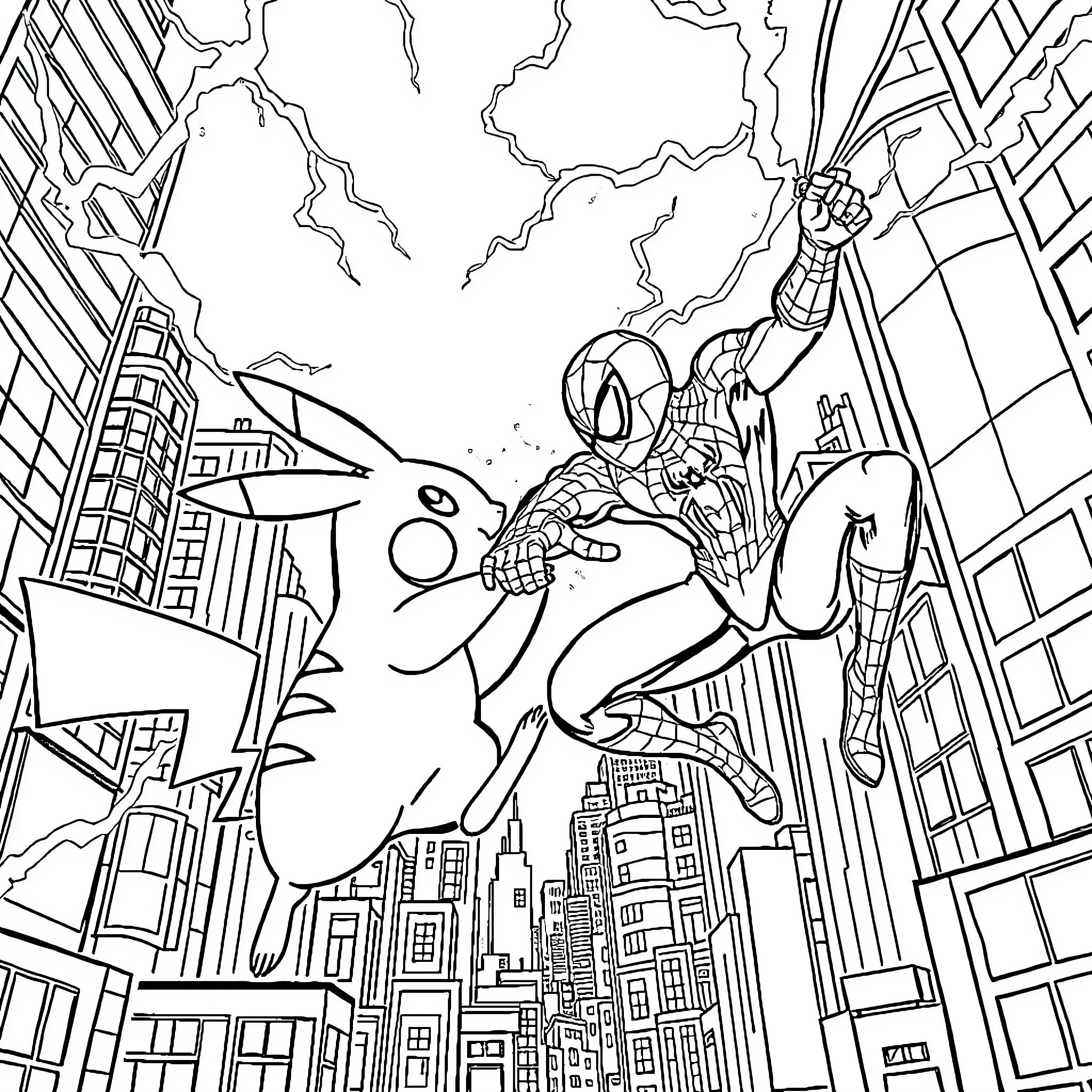 Pikachu battles Spiderman in a cityscape Coloring Page (free black-and-white line drawing printable PDF for all, from beginners to advanced learners, including children, teens, adults, and seniors)