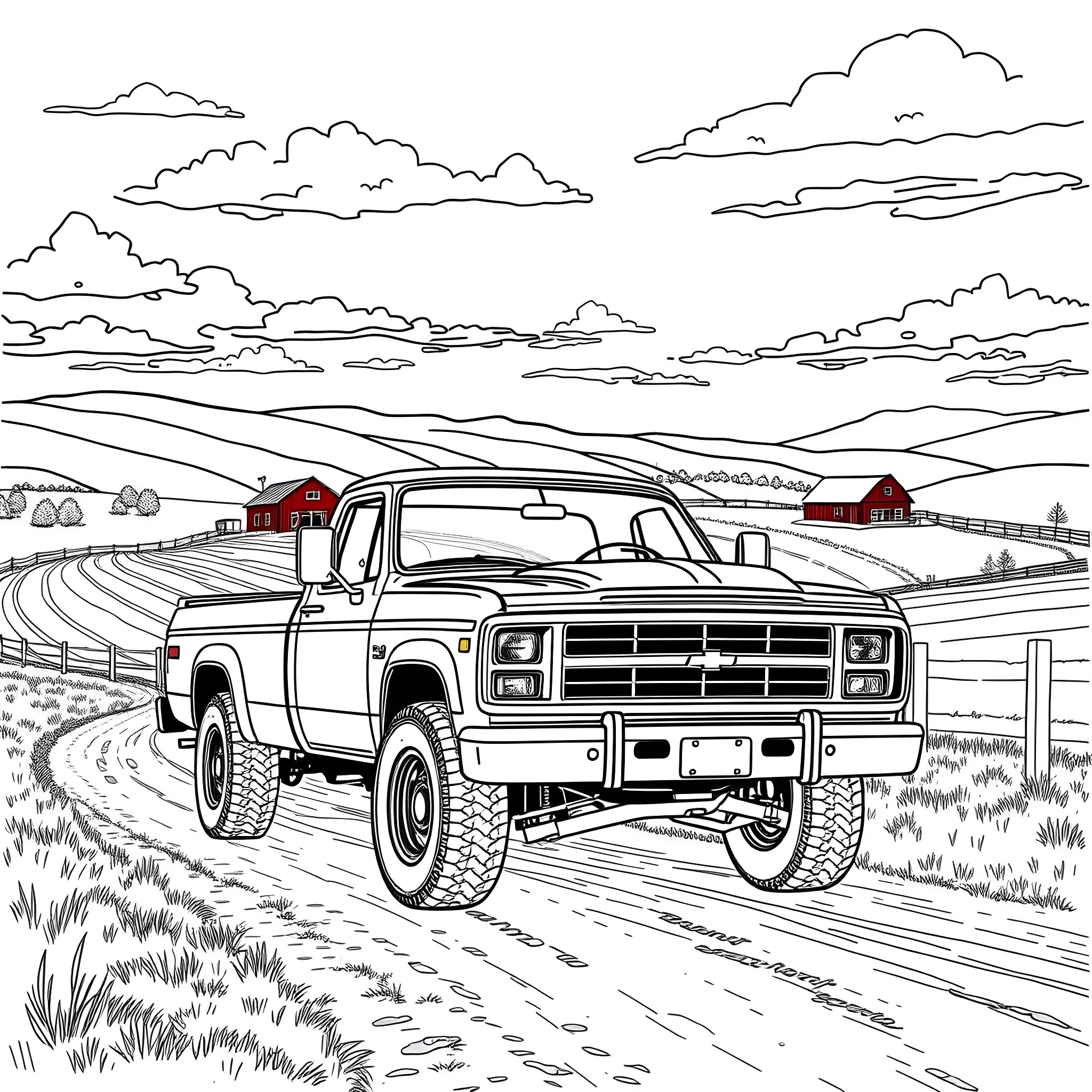 Pickup truck driving through a rural landscape Coloring Page (free black-and-white line drawing printable PDF for all, from beginners to advanced learners, including children, teens, adults, and seniors)