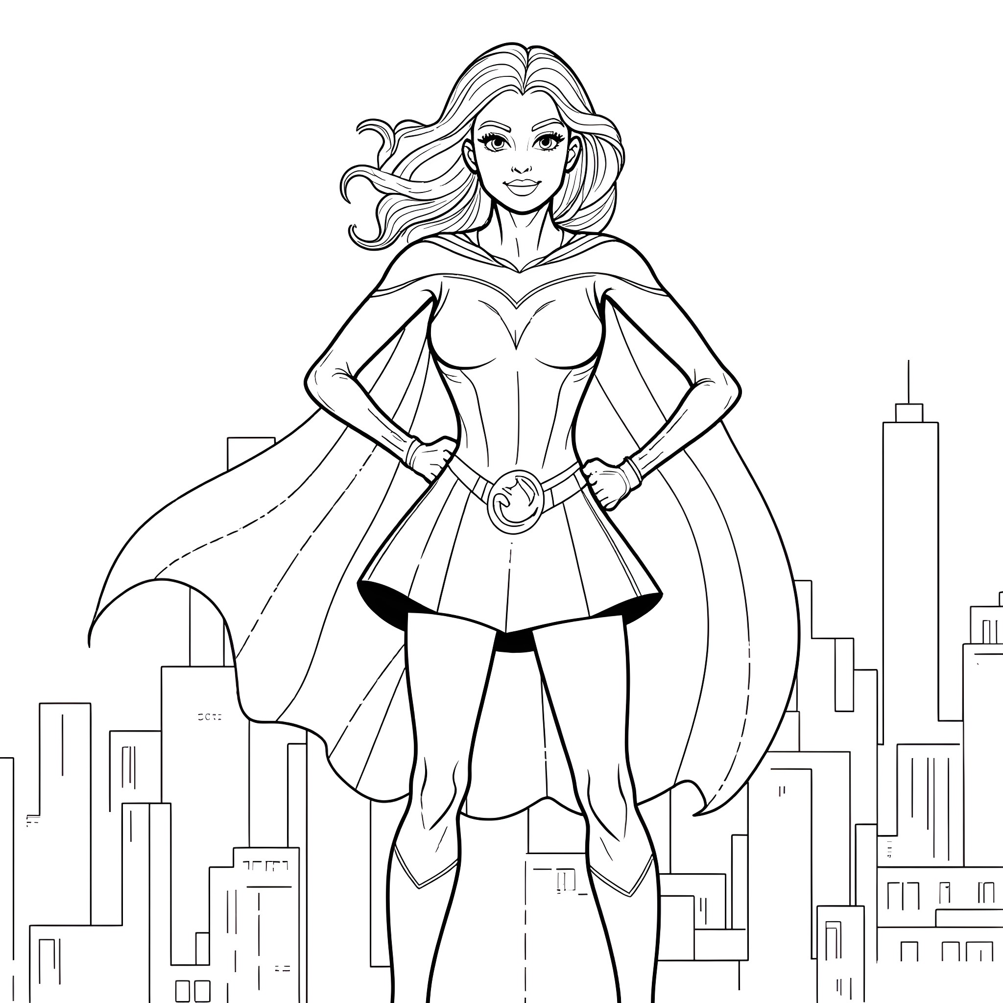 Power Girl in heroic pose with cityscape Coloring Page (free black-and-white line drawing printable PDF for all, from beginners to advanced learners, including children, teens, adults, and seniors)