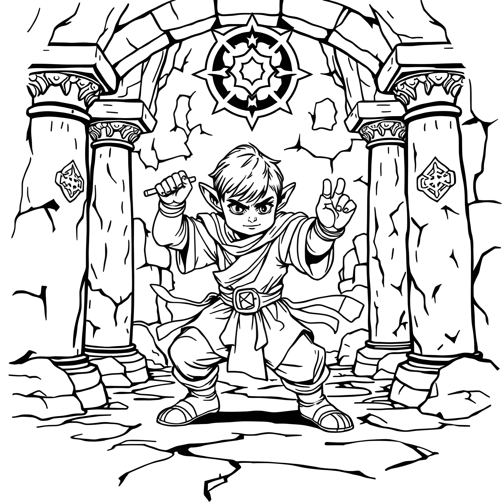 Halfling warrior wielding a sword in a mystical setting Coloring Page (free black-and-white line drawing printable PDF for all, from beginners to advanced learners, including children, teens, adults, and seniors)