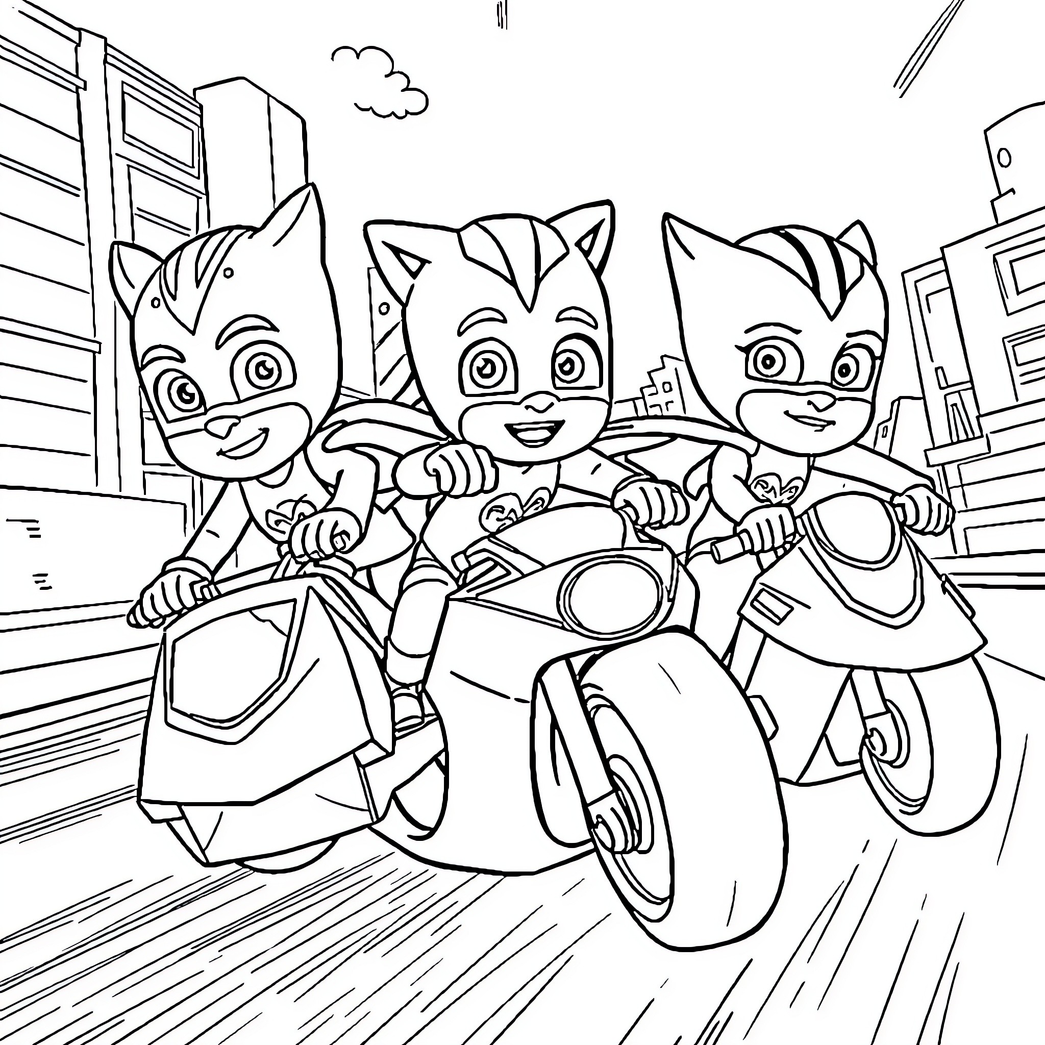 Pj Masks characters riding scooters on the street Coloring Page (free black-and-white line drawing printable PDF for all, from beginners to advanced learners, including children, teens, adults, and seniors)
