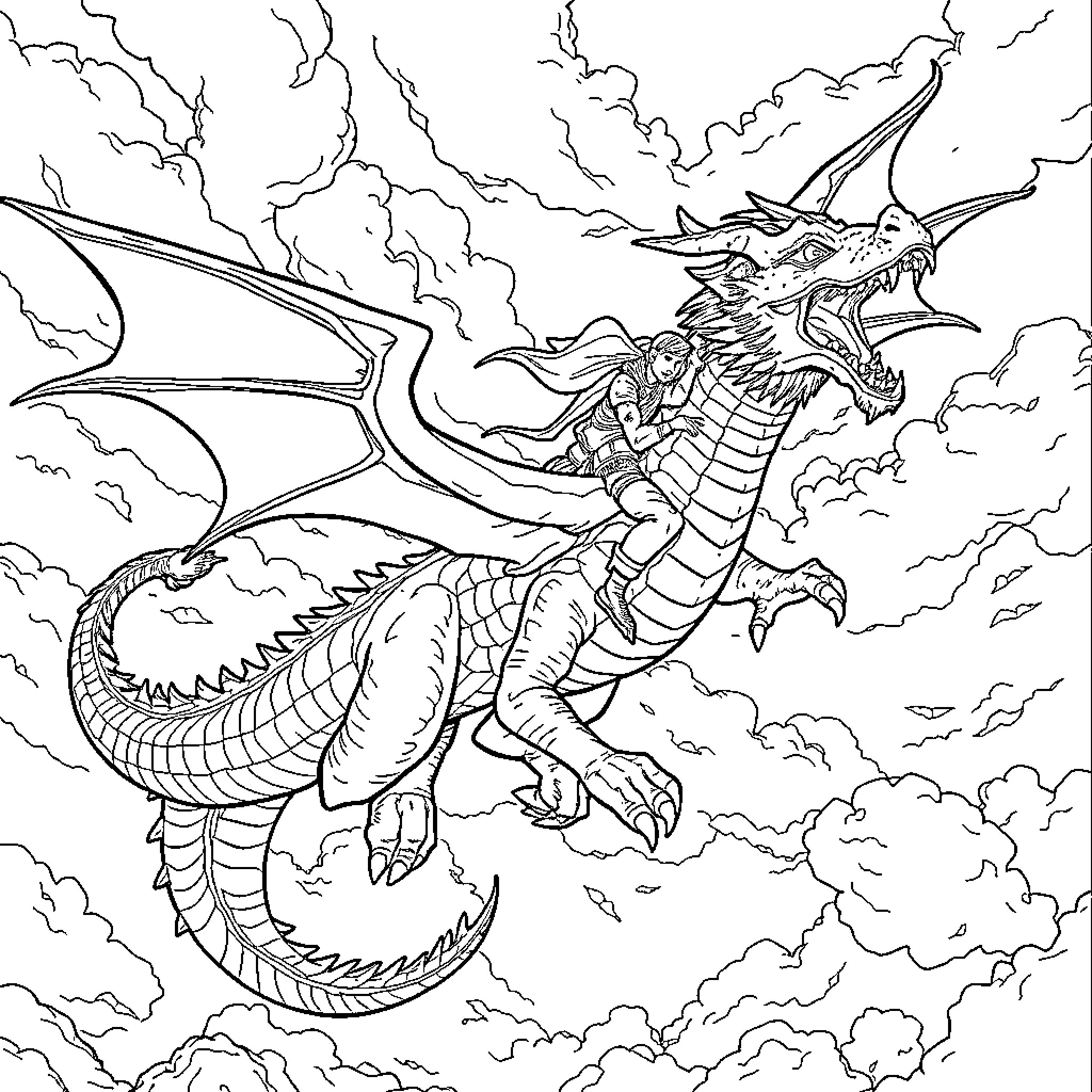 Dragon soaring through the stormy sky Coloring Page (free black-and-white line drawing printable PDF for all, from beginners to advanced learners, including children, teens, adults, and seniors)