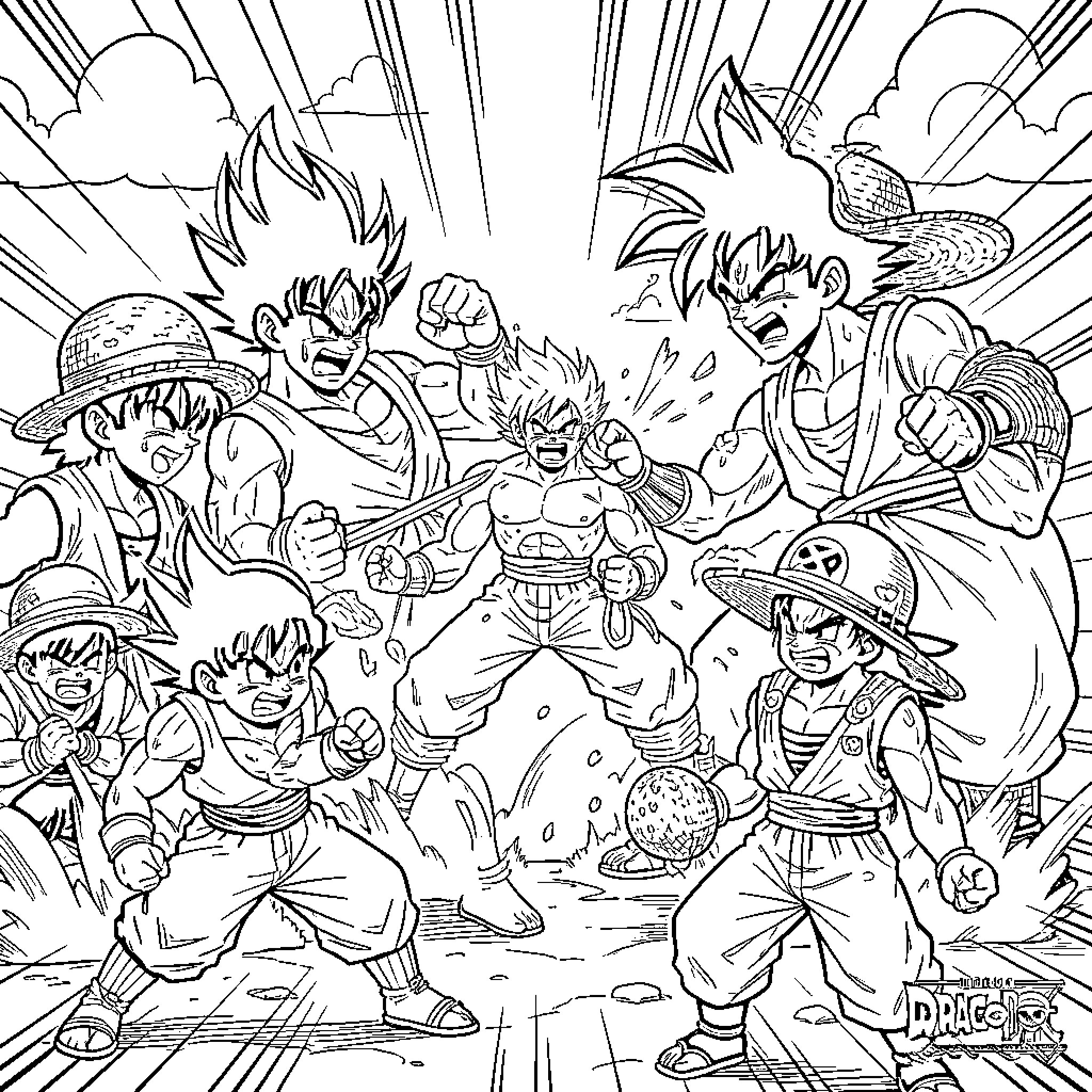 Dragon Ball Z characters in intense battle poses Coloring Page (free black-and-white line drawing printable PDF for all, from beginners to advanced learners, including children, teens, adults, and seniors)