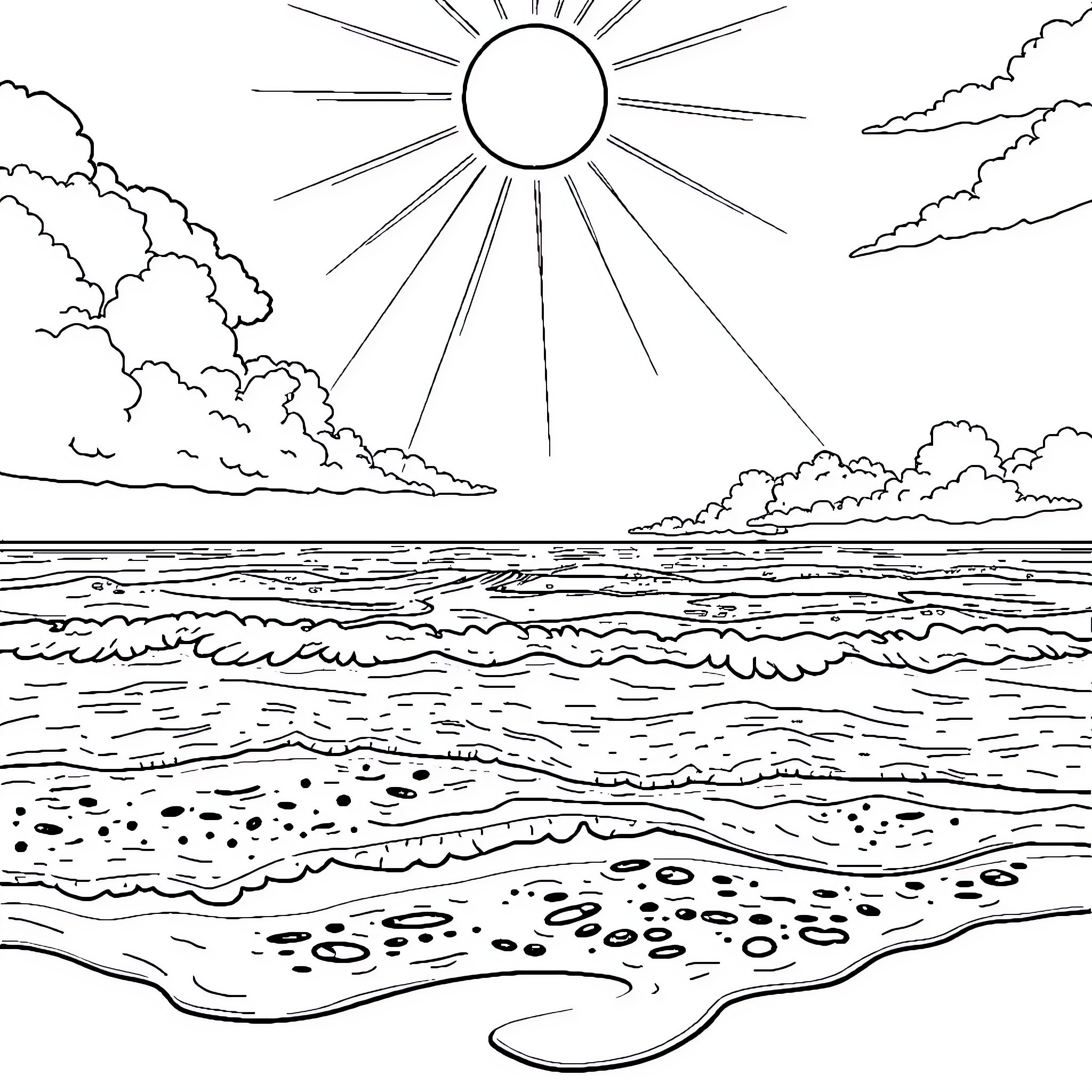 Miraculous Coastal Scenery with Shining Sun Coloring Page (free black-and-white line drawing printable PDF for all, from beginners to advanced learners, including children, teens, adults, and seniors)