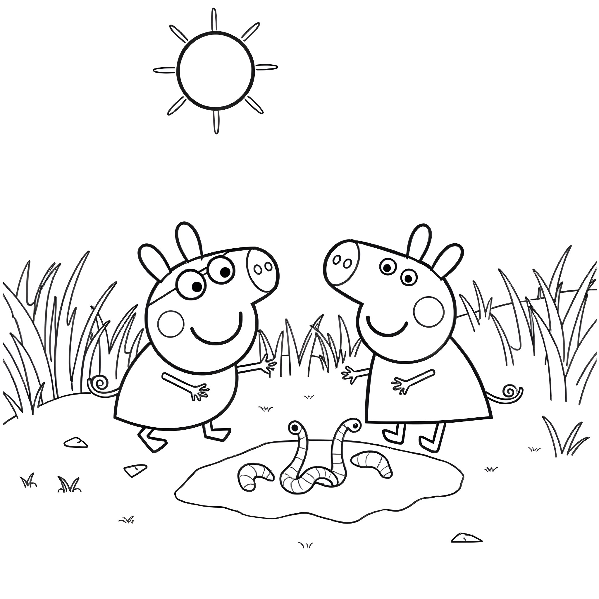 Bluey and Peppa playing happily in the grass Coloring Page (free black-and-white line drawing printable PDF for all, from beginners to advanced learners, including children, teens, adults, and seniors)