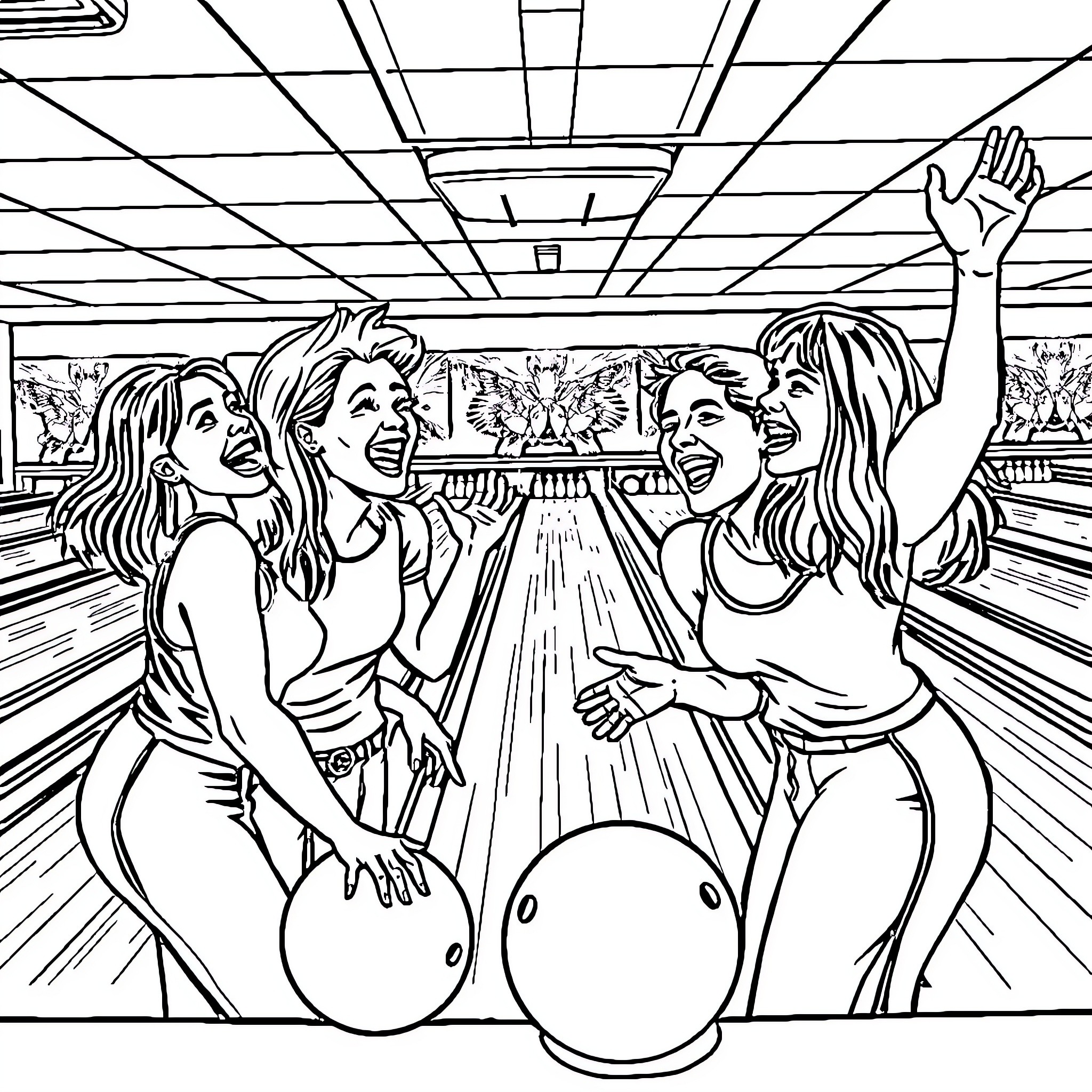 Bowling Friends Celebrate Victory Coloring Page (free black-and-white line drawing printable PDF for all, from beginners to advanced learners, including children, teens, adults, and seniors)
