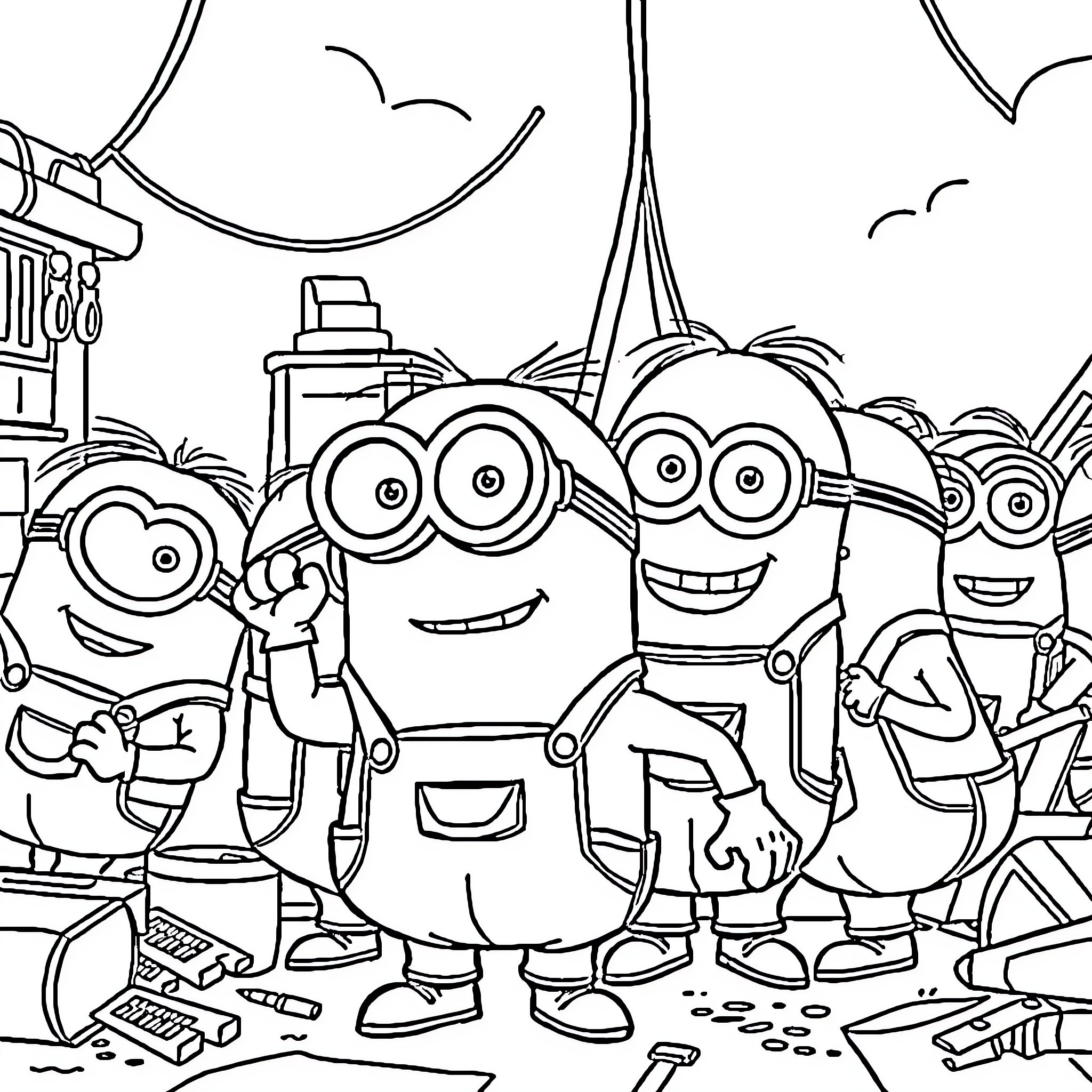 Minions exploring a construction site Coloring Page (free black-and-white line drawing printable PDF for all, from beginners to advanced learners, including children, teens, adults, and seniors)