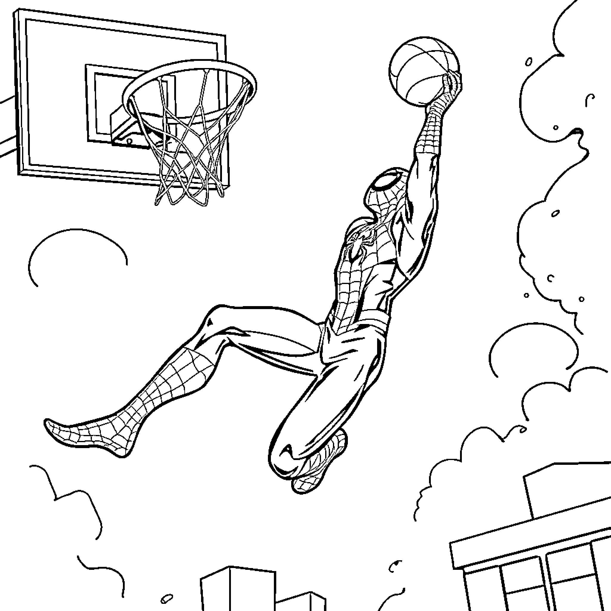 Spiderman's aerial basketball slam dunk Coloring Page (free black-and-white line drawing printable PDF for all, from beginners to advanced learners, including children, teens, adults, and seniors)