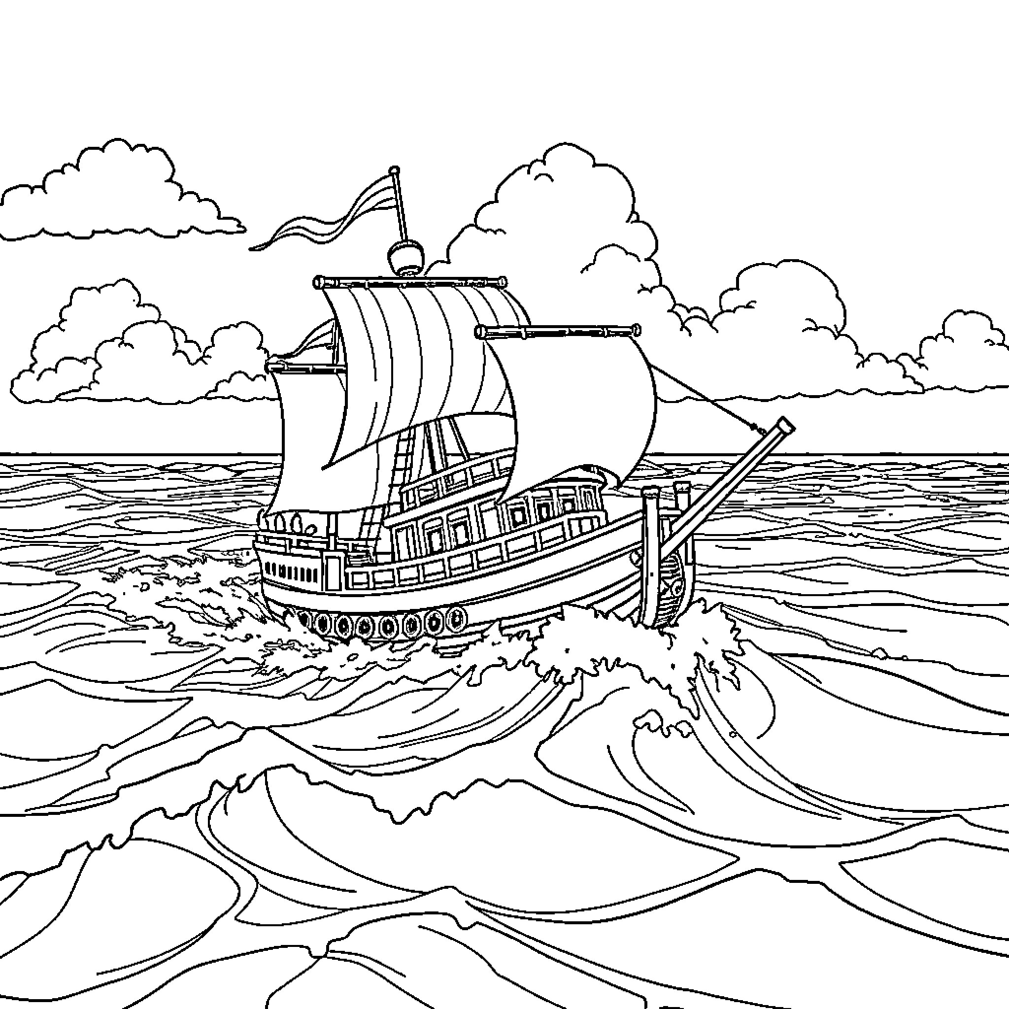 Tosen Galleon Sailing through Stormy Seas Coloring Page (free black-and-white line drawing printable PDF for all, from beginners to advanced learners, including children, teens, adults, and seniors)