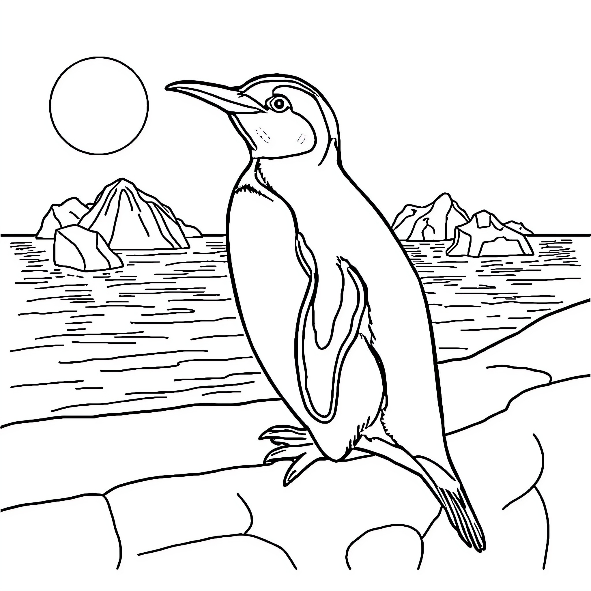 Penguin standing tall on an icy landscape Coloring Page (free black-and-white line drawing printable PDF for all, from beginners to advanced learners, including children, teens, adults, and seniors)