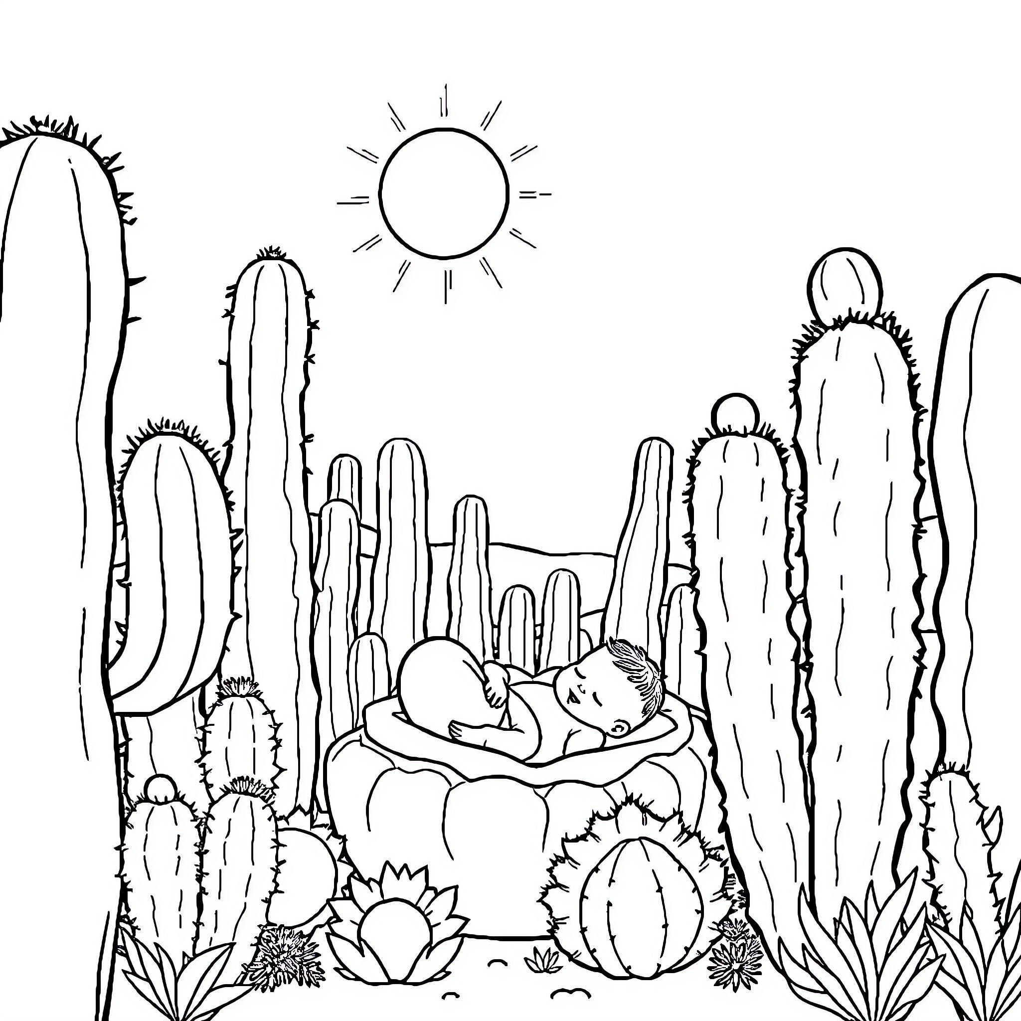 Baby sleeping peacefully in desert landscape Coloring Page (free black-and-white line drawing printable PDF for all, from beginners to advanced learners, including children, teens, adults, and seniors)