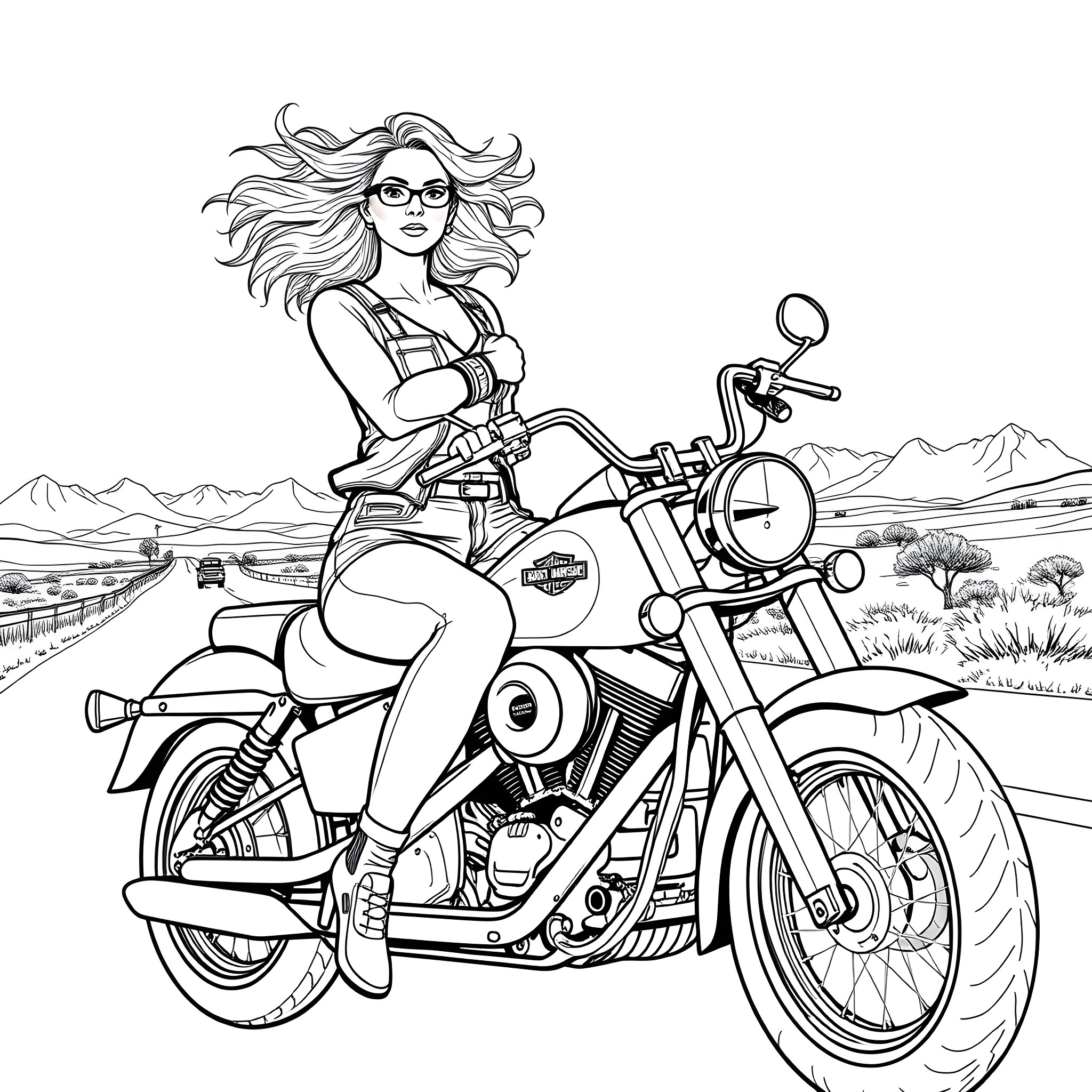 Wife Riding Motorcycle in Scenic Countryside Coloring Page (free black-and-white line drawing printable PDF for all, from beginners to advanced learners, including children, teens, adults, and seniors)