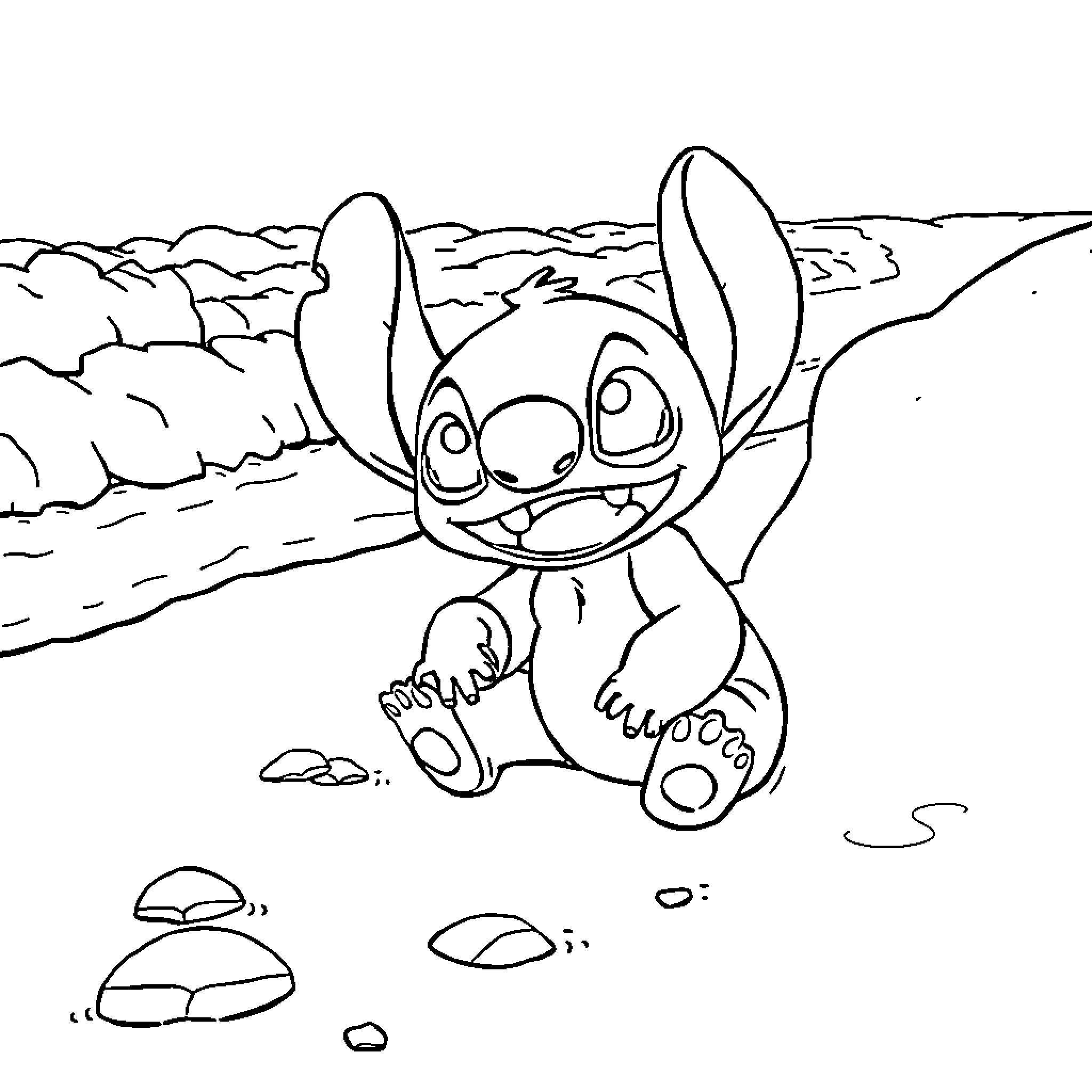 Stitch exploring the rocky landscape Coloring Page (free black-and-white line drawing printable PDF for all, from beginners to advanced learners, including children, teens, adults, and seniors)
