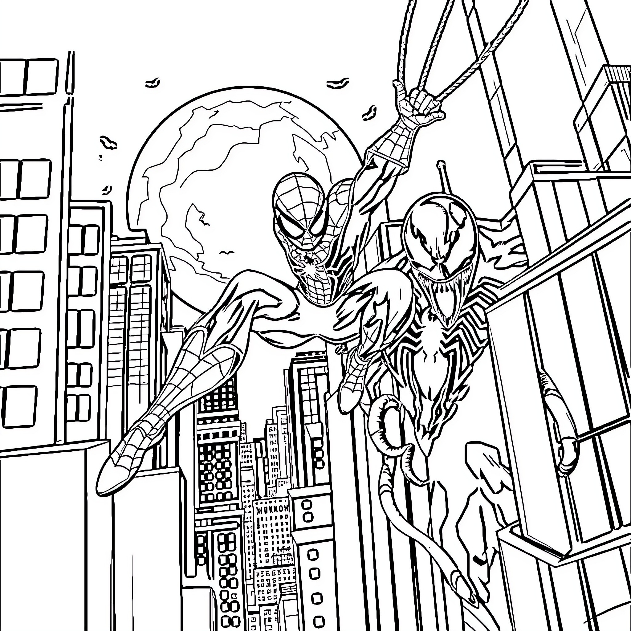 Spiderman swinging through the city skyline Coloring Page (free black-and-white line drawing printable PDF for all, from beginners to advanced learners, including children, teens, adults, and seniors)