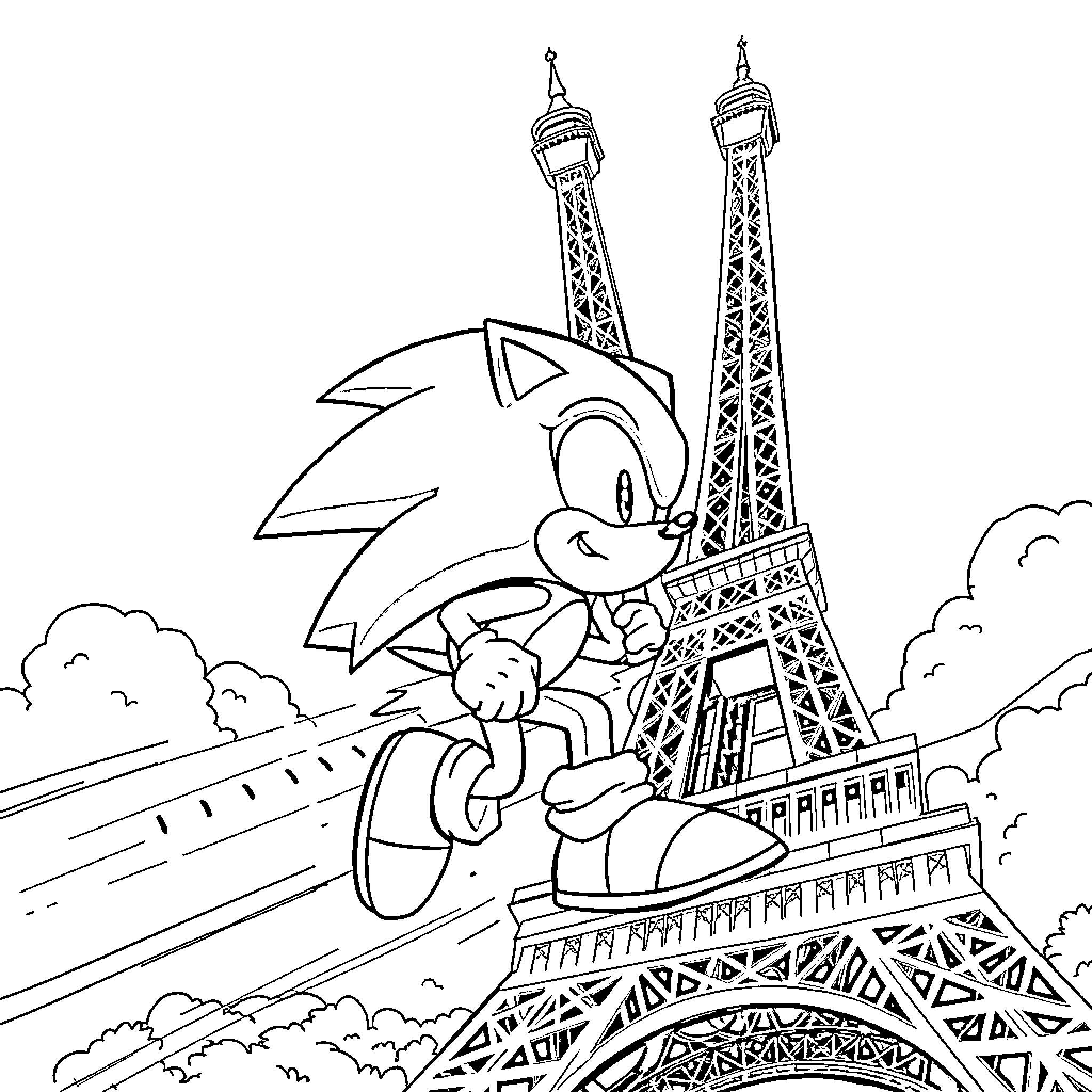 Sonic racing through a Parisian landscape Coloring Page (free black-and-white line drawing printable PDF for all, from beginners to advanced learners, including children, teens, adults, and seniors)