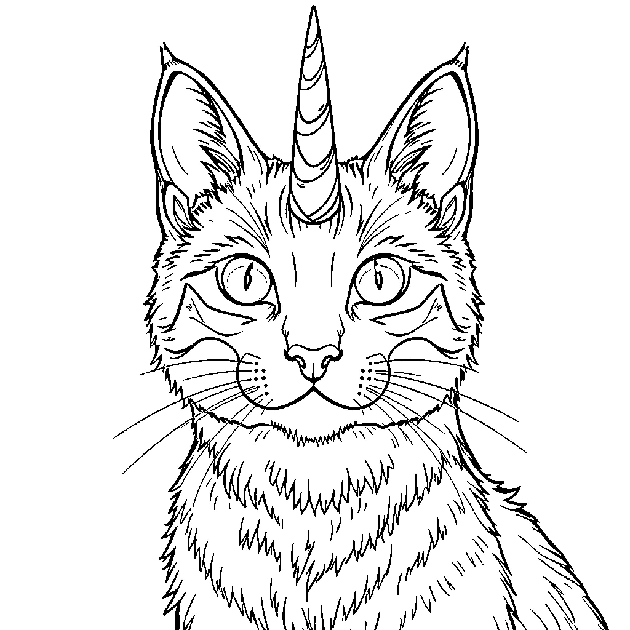 Unicorn Cat with Curious Expression Coloring Page (free black-and-white line drawing printable PDF for all, from beginners to advanced learners, including children, teens, adults, and seniors)