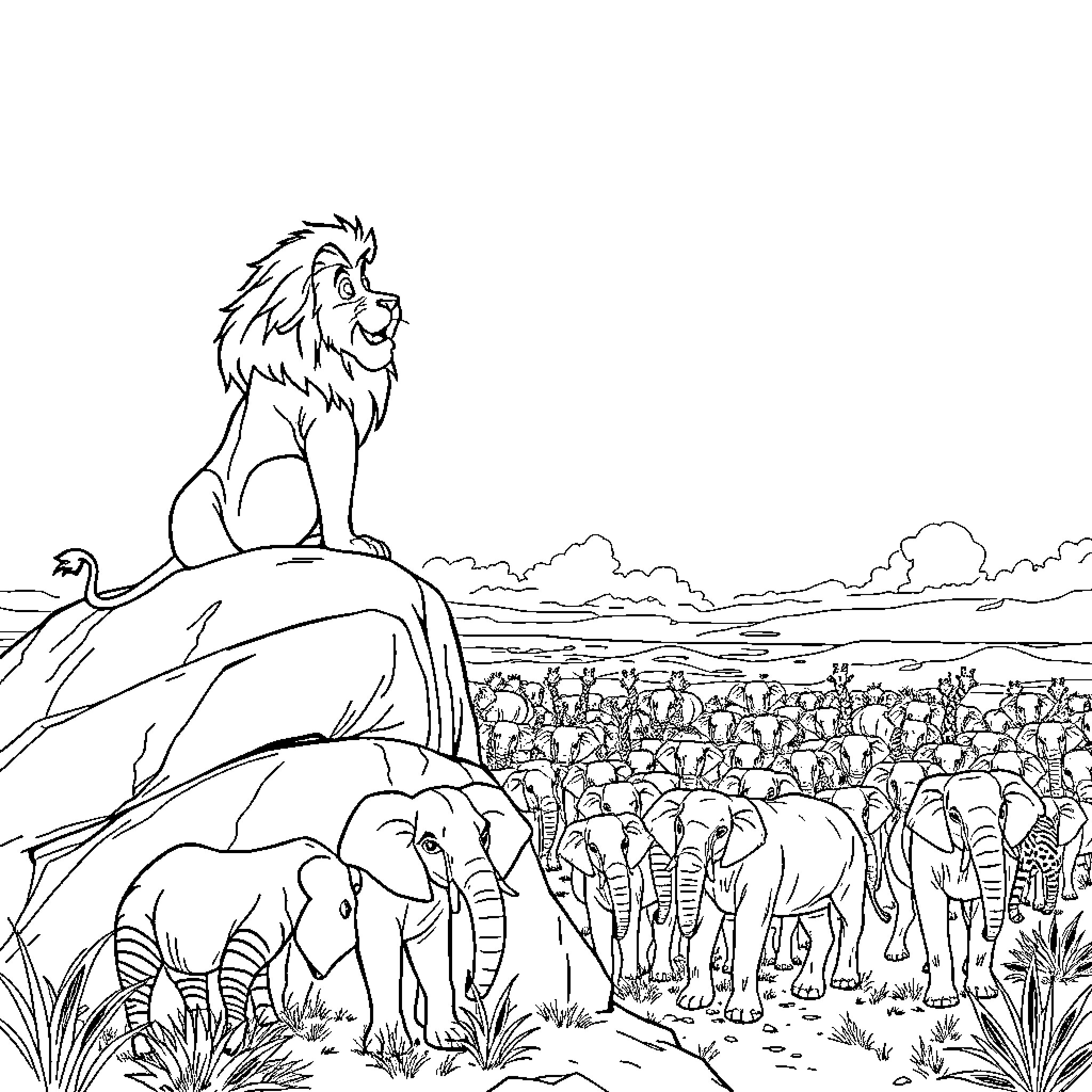 Simba overlooking the animal kingdom Coloring Page (free black-and-white line drawing printable PDF for all, from beginners to advanced learners, including children, teens, adults, and seniors)