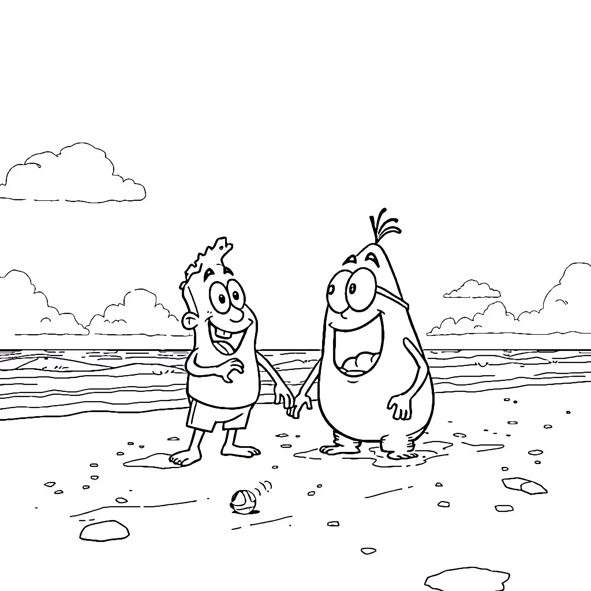 Leroy and Ollie's Beachside Adventure Coloring Page (free black-and-white line drawing printable PDF for all, from beginners to advanced learners, including children, teens, adults, and seniors)