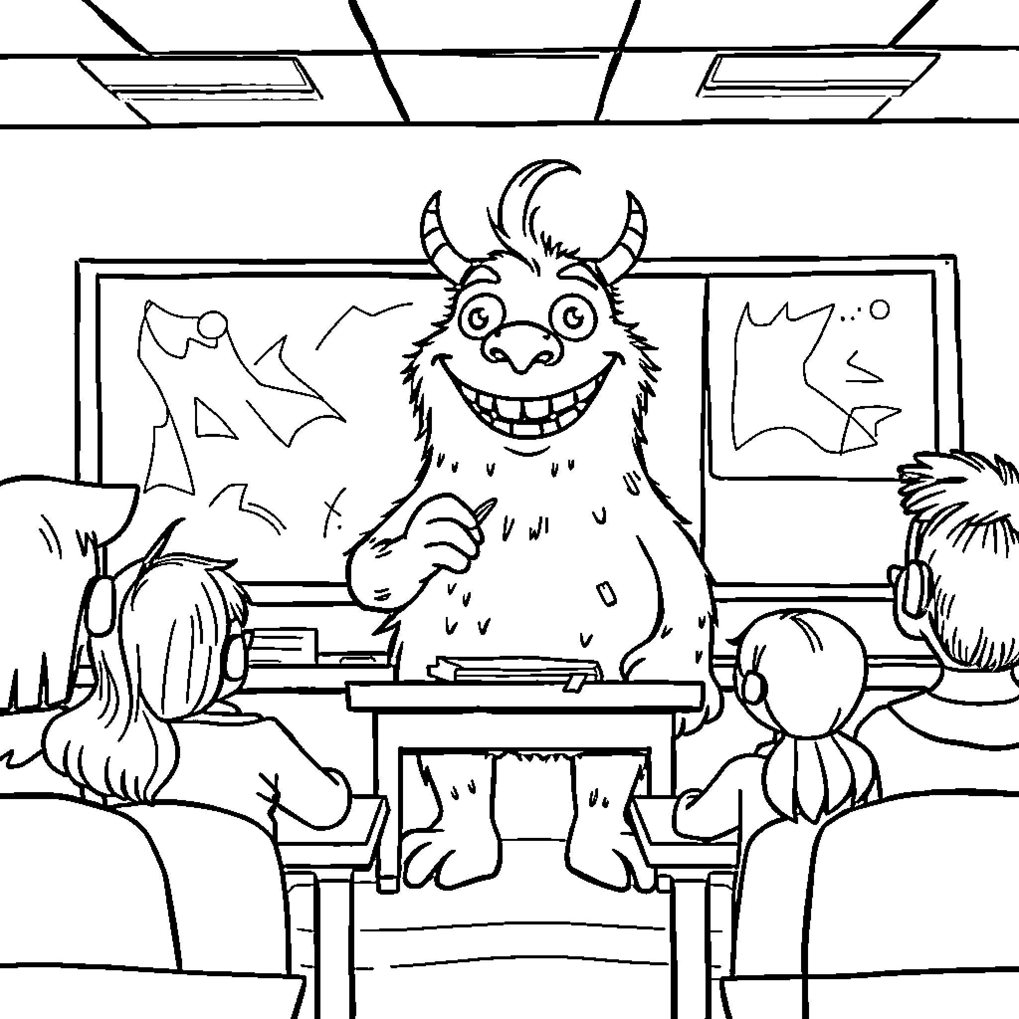Monster teaching enthusiastically in the classroom Coloring Page (free black-and-white line drawing printable PDF for all, from beginners to advanced learners, including children, teens, adults, and seniors)