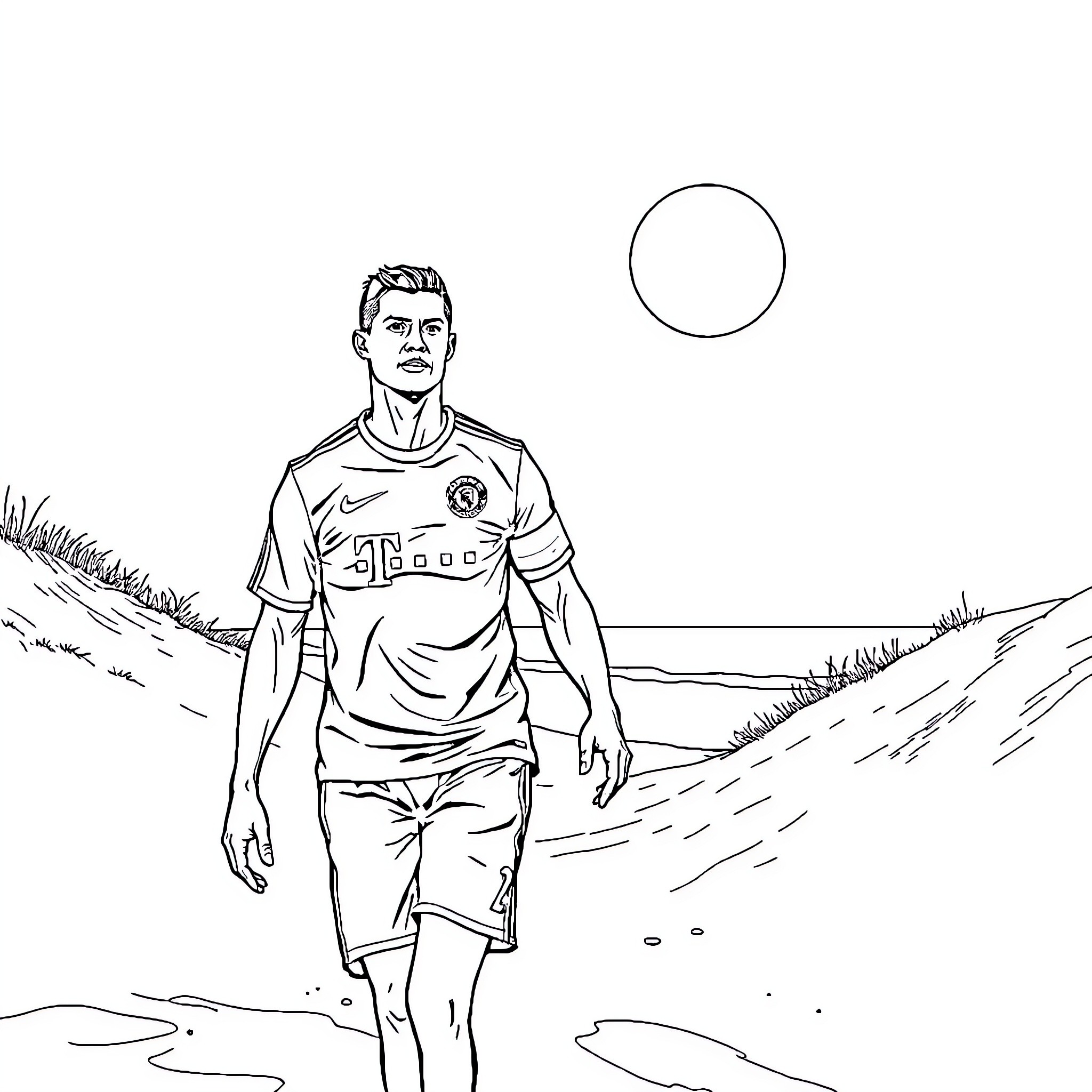 Cristiano Ronaldo walking confidently on the field Coloring Page (free black-and-white line drawing printable PDF for all, from beginners to advanced learners, including children, teens, adults, and seniors)