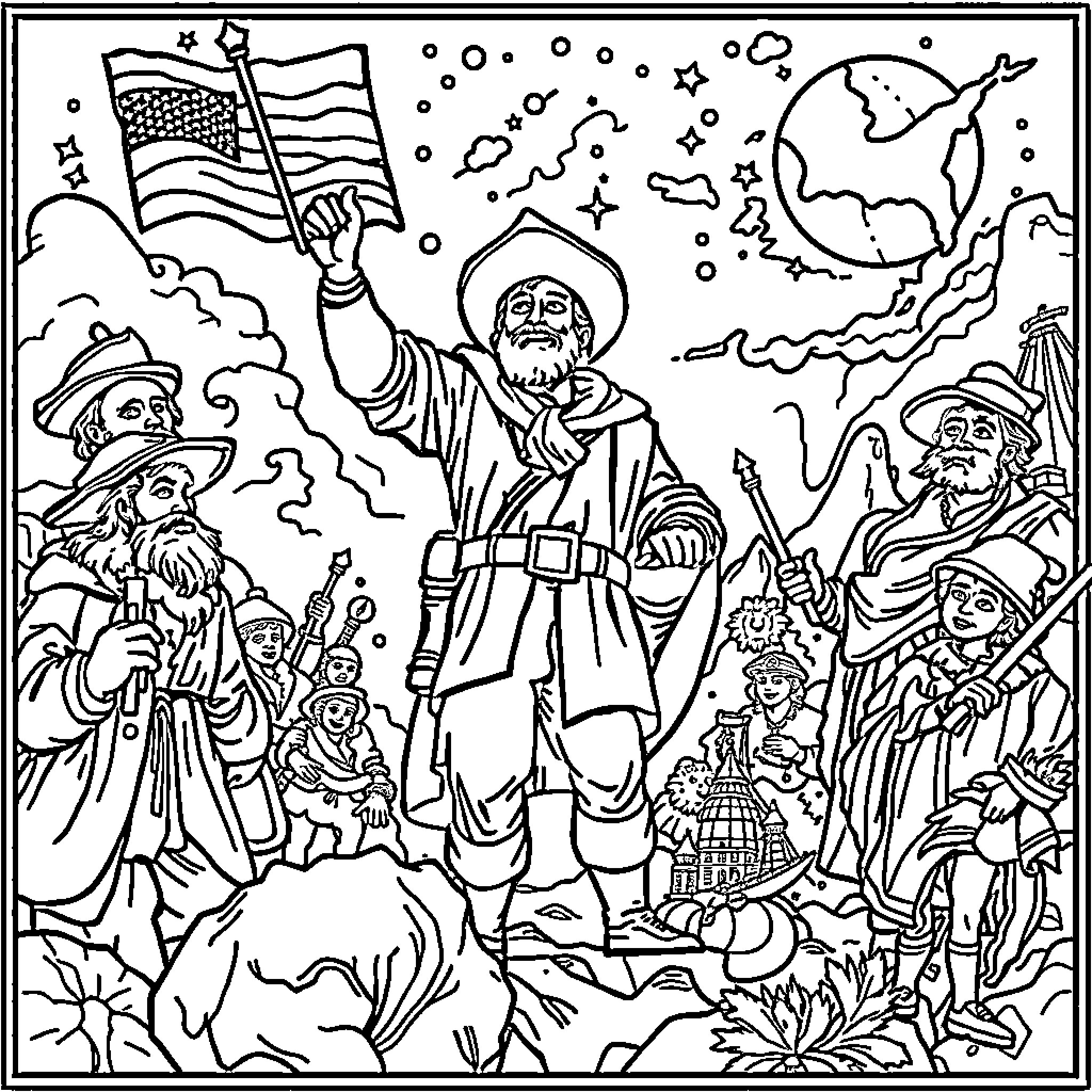 Fame of Adventurous Explorers and Discoverers Coloring Page (free black-and-white line drawing printable PDF for all, from beginners to advanced learners, including children, teens, adults, and seniors)