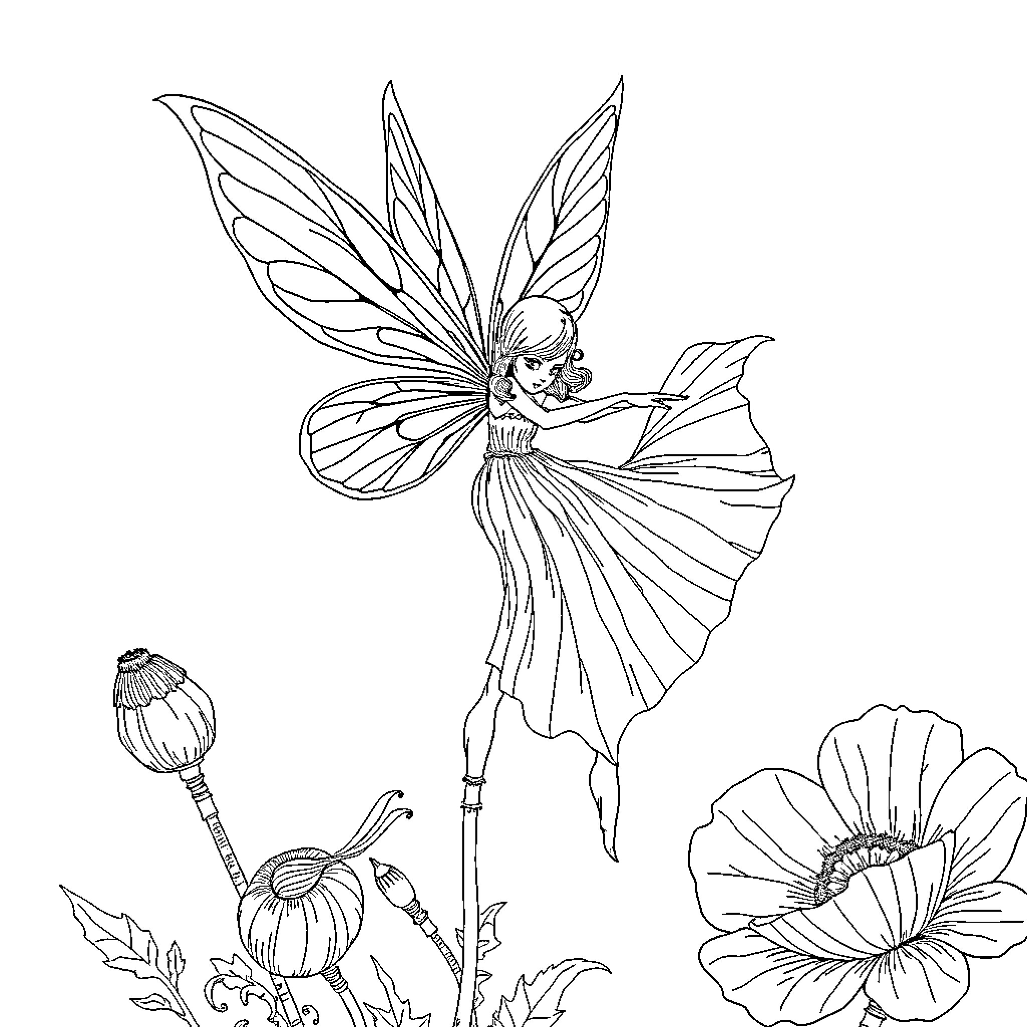Poppy fairy dancing amidst floral elements Coloring Page (free black-and-white line drawing printable PDF for all, from beginners to advanced learners, including children, teens, adults, and seniors)
