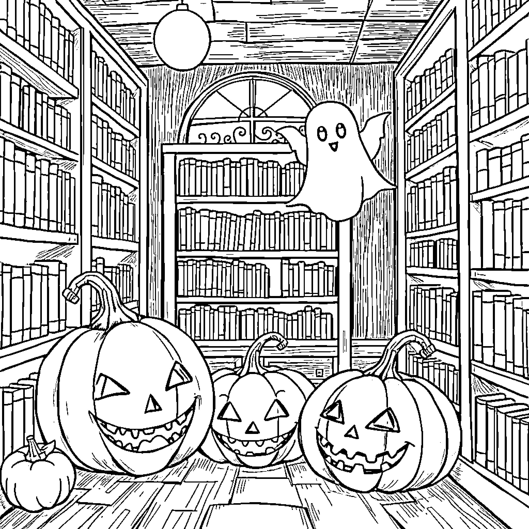 Pumpkins and ghost in a spooky library Coloring Page (free black-and-white line drawing printable PDF for all, from beginners to advanced learners, including children, teens, adults, and seniors)