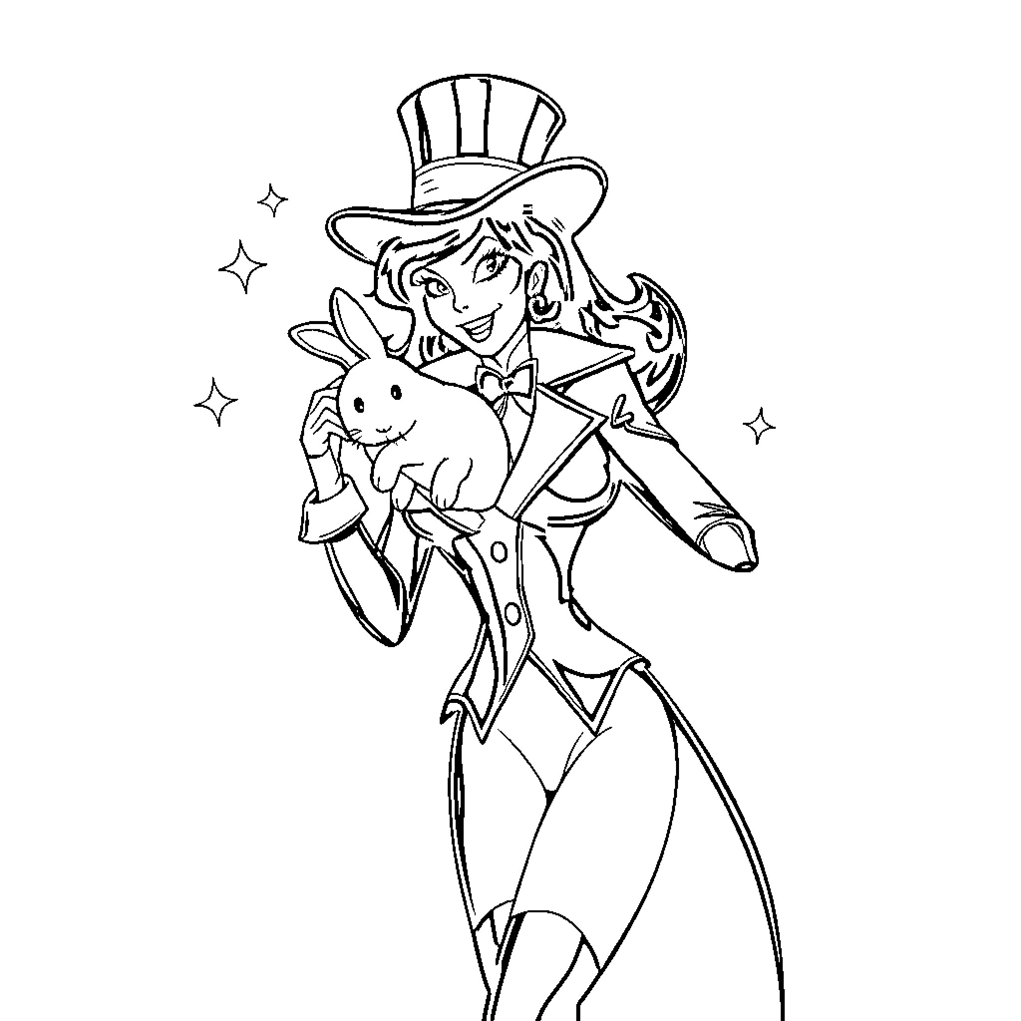 Zatanna performing magical illusion with bunny Coloring Page (free black-and-white line drawing printable PDF for all, from beginners to advanced learners, including children, teens, adults, and seniors)