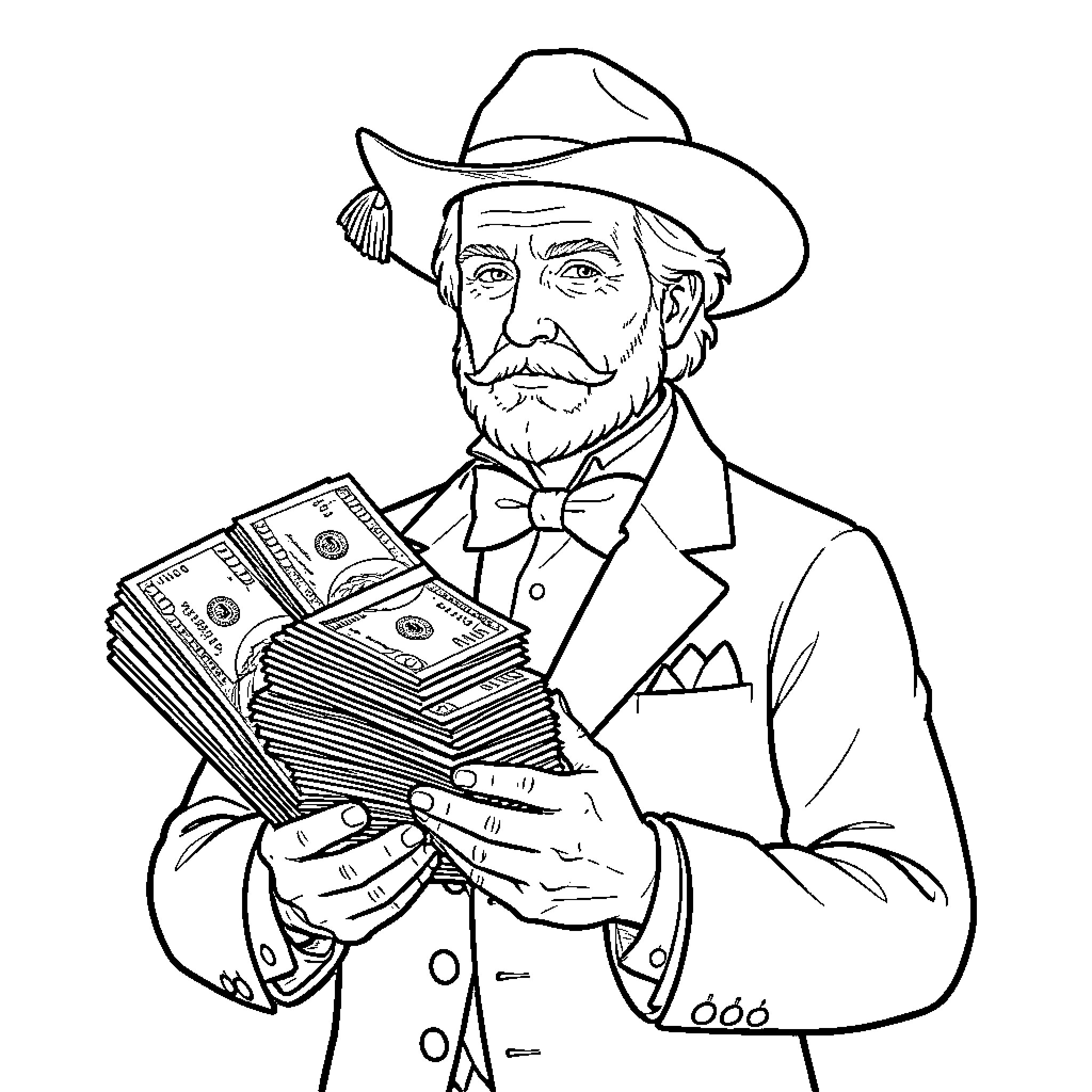 James Cook holding a large stack of cash Coloring Page (free black-and-white line drawing printable PDF for all, from beginners to advanced learners, including children, teens, adults, and seniors)