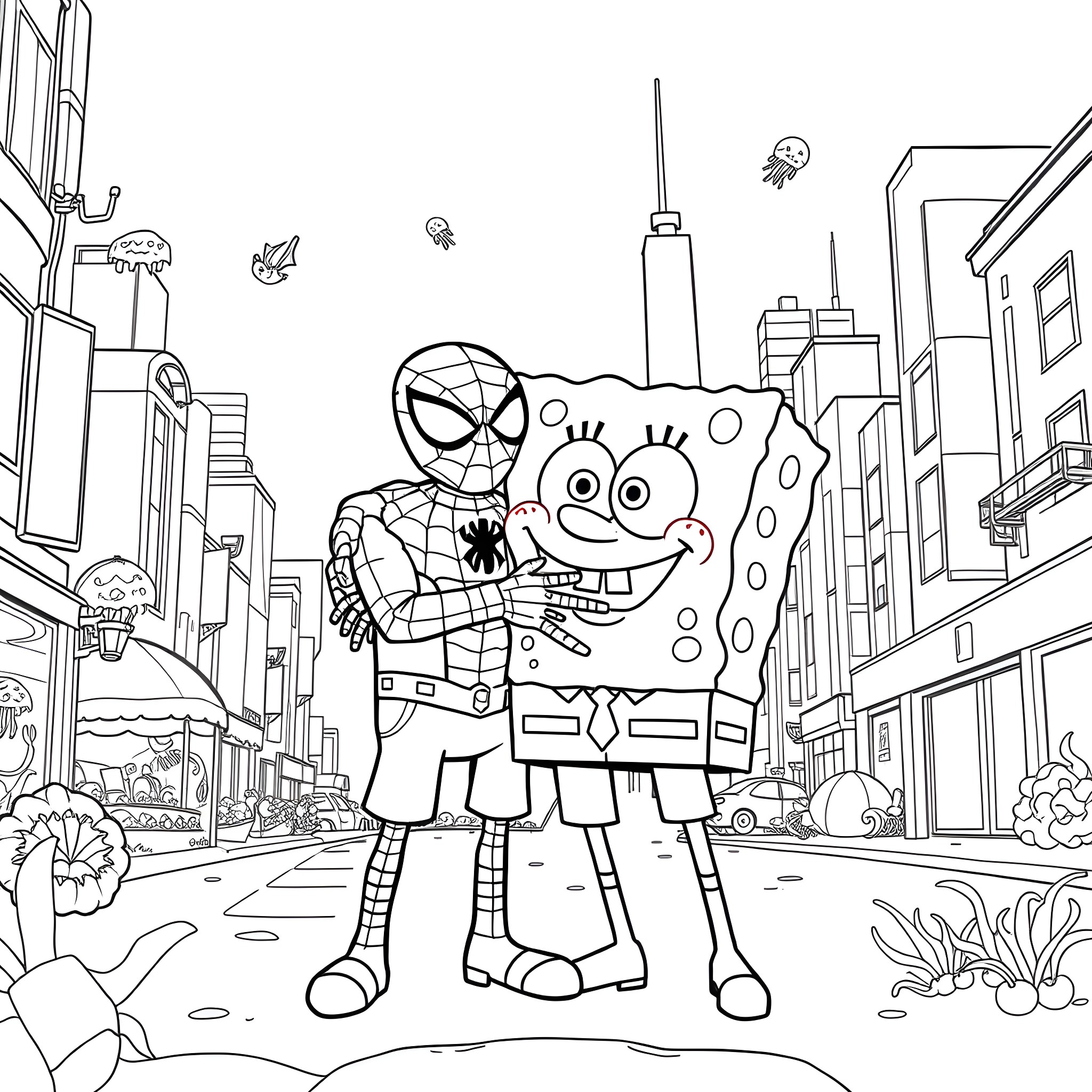 Spongebob and Spiderman in the city Coloring Page (free black-and-white line drawing printable PDF for all, from beginners to advanced learners, including children, teens, adults, and seniors)