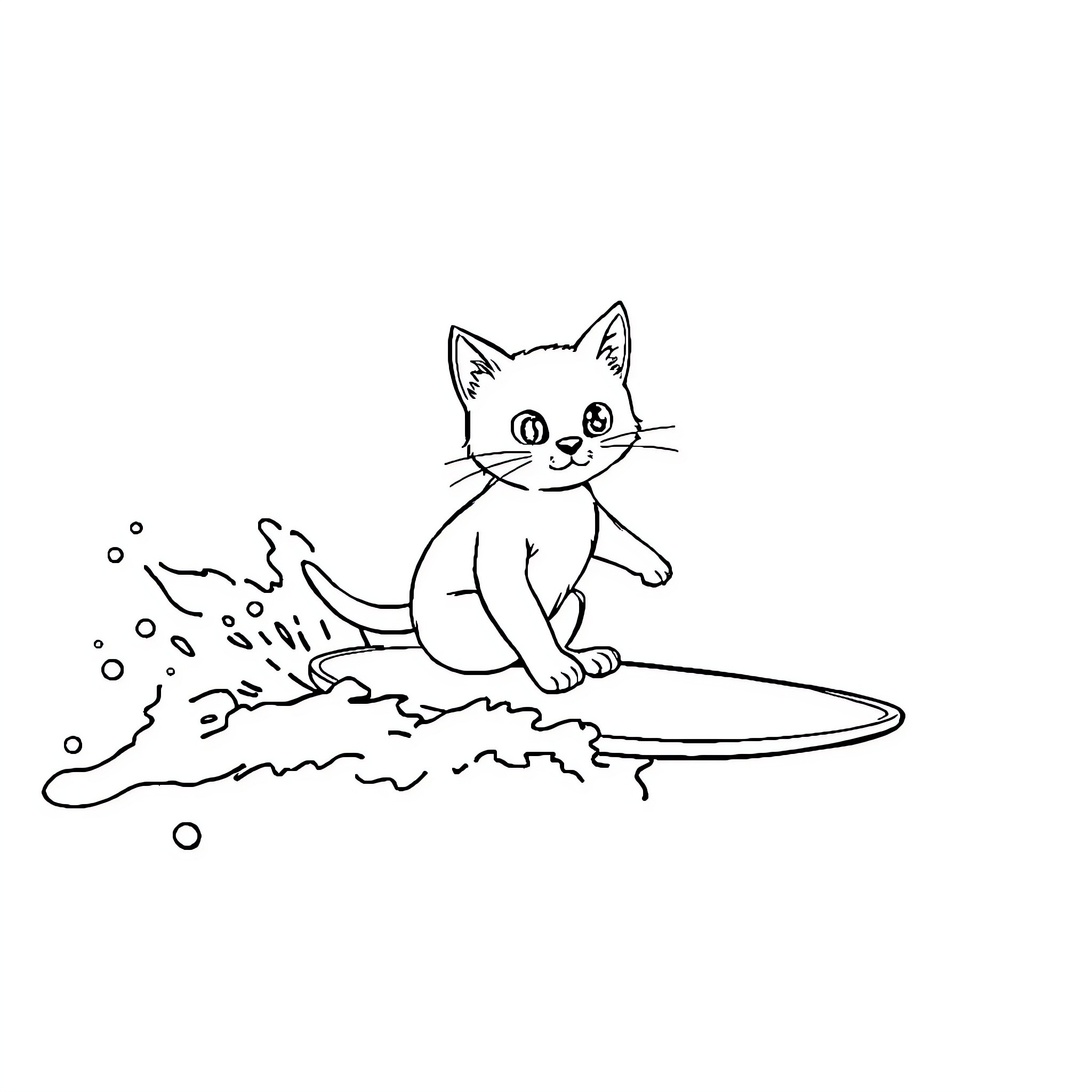Kitten Playing in Puddle Coloring Page (free black-and-white line drawing printable PDF for all, from beginners to advanced learners, including children, teens, adults, and seniors)