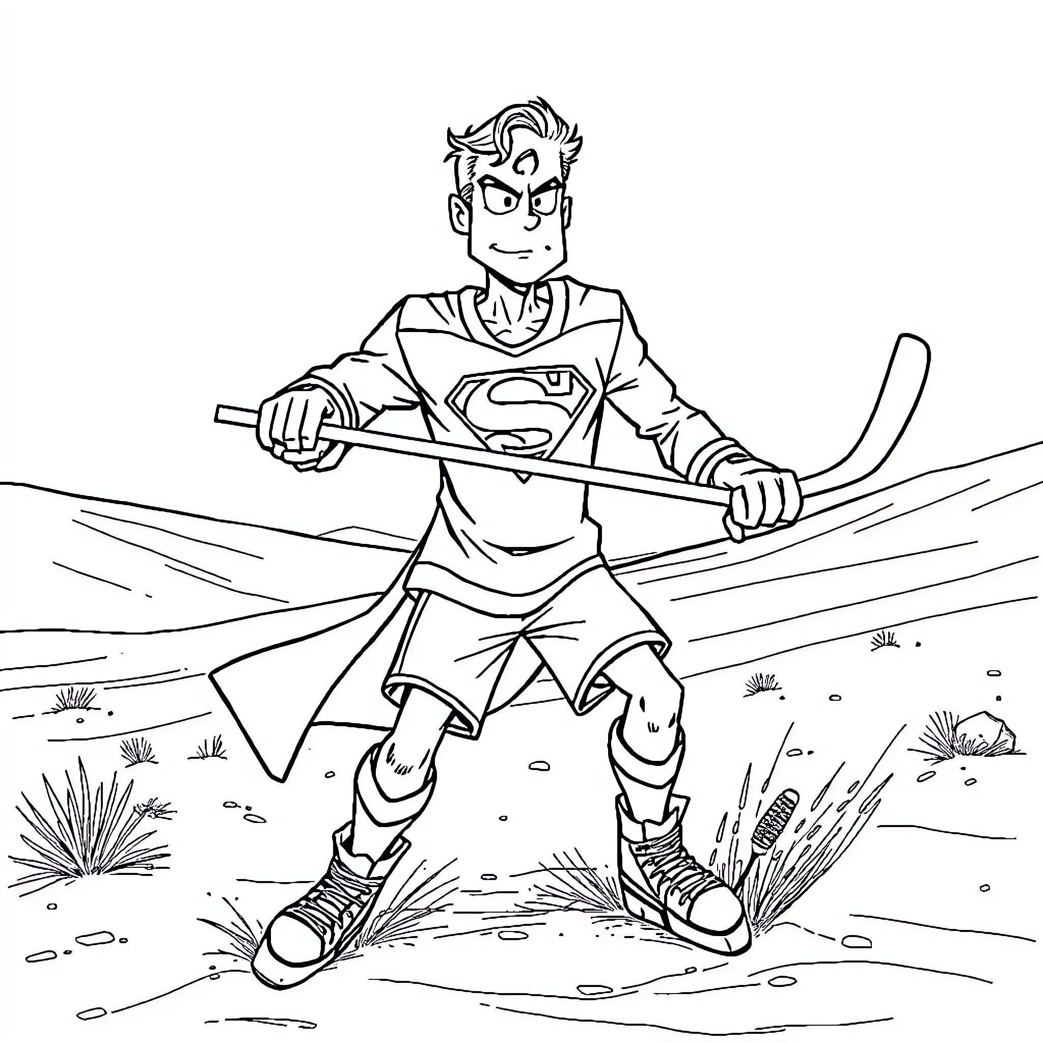 Superman exploring the outdoors with a stick Coloring Page (free black-and-white line drawing printable PDF for all, from beginners to advanced learners, including children, teens, adults, and seniors)