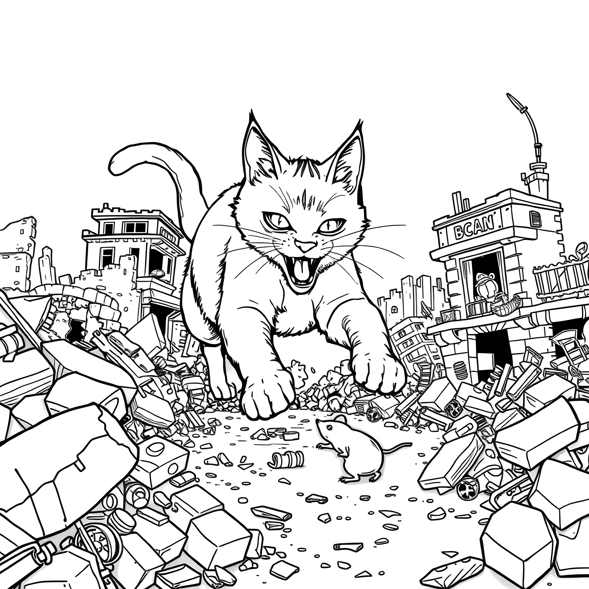Cat prowling through the urban chaos Coloring Page (free black-and-white line drawing printable PDF for all, from beginners to advanced learners, including children, teens, adults, and seniors)