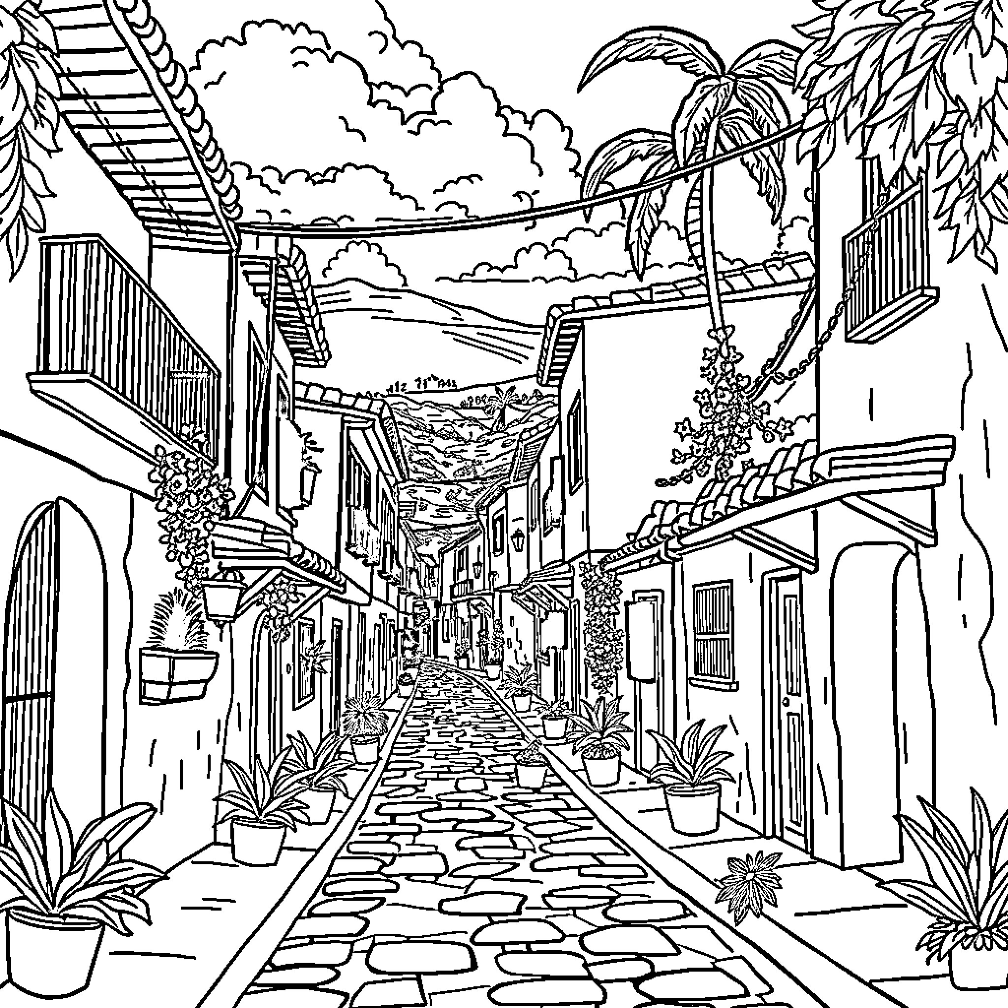 Neighborhood of colorful buildings and tropical scenery Coloring Page (free black-and-white line drawing printable PDF for all, from beginners to advanced learners, including children, teens, adults, and seniors)