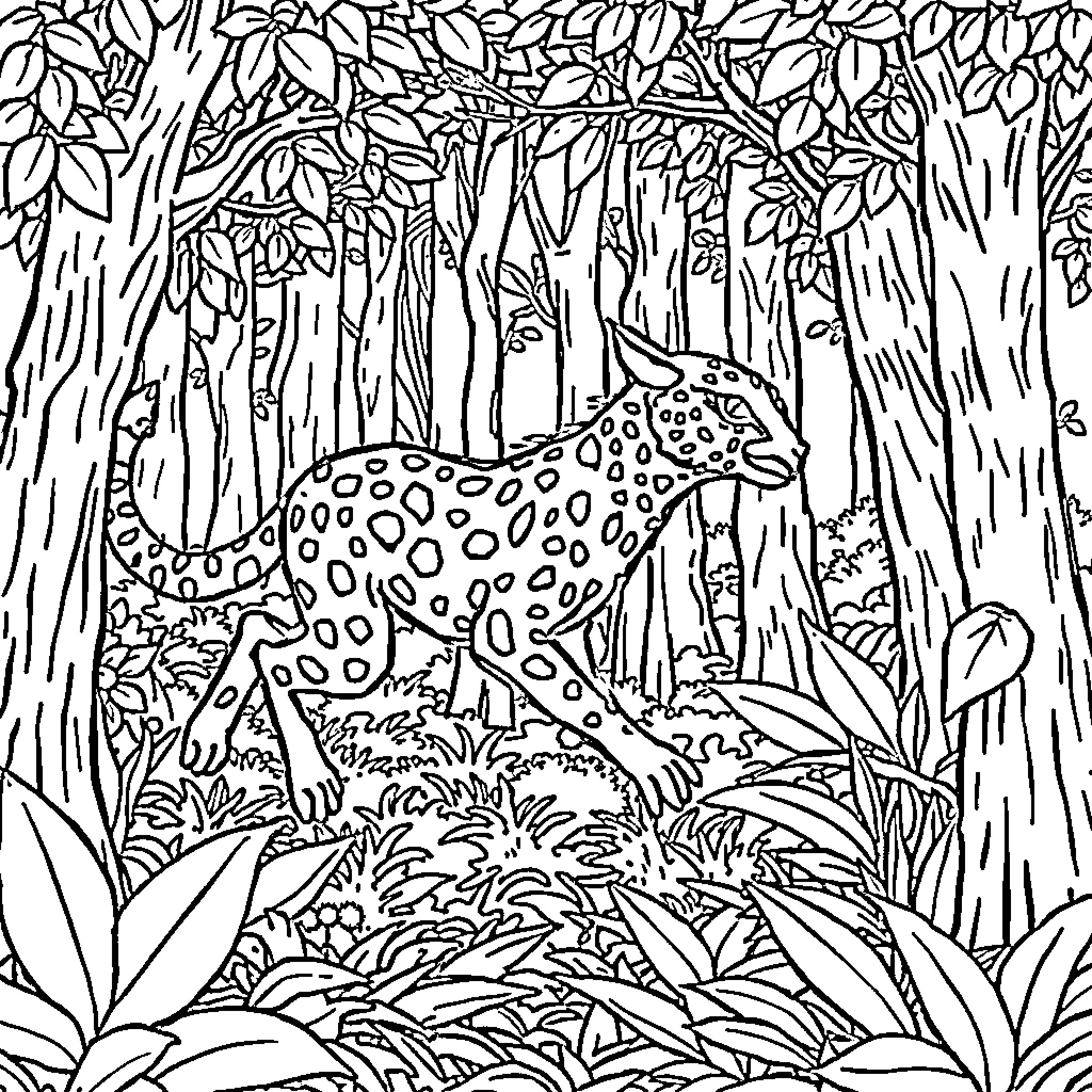 Wild Boar Exploring the Lush Jungle Foliage Coloring Page (free black-and-white line drawing printable PDF for all, from beginners to advanced learners, including children, teens, adults, and seniors)