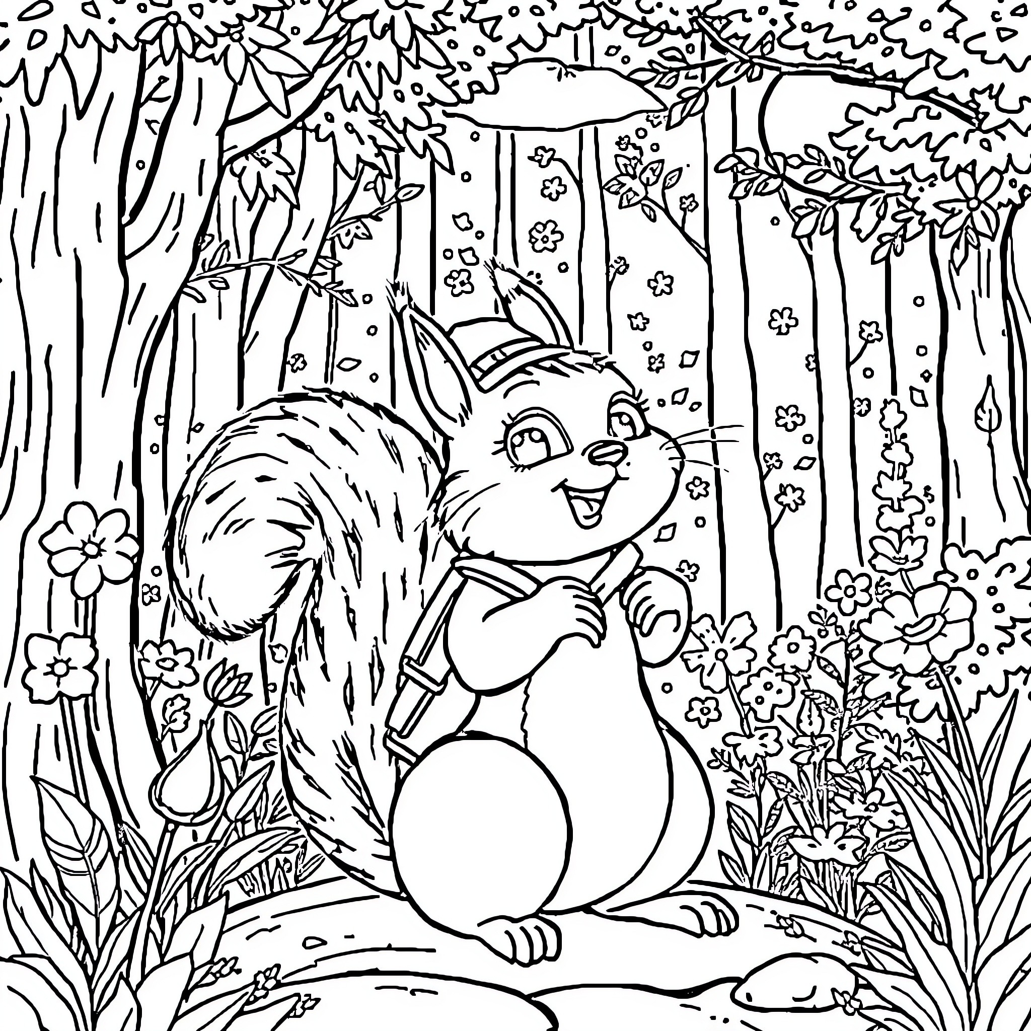 Squirrel Enjoying a Lush Forest Coloring Page (free black-and-white line drawing printable PDF for all, from beginners to advanced learners, including children, teens, adults, and seniors)