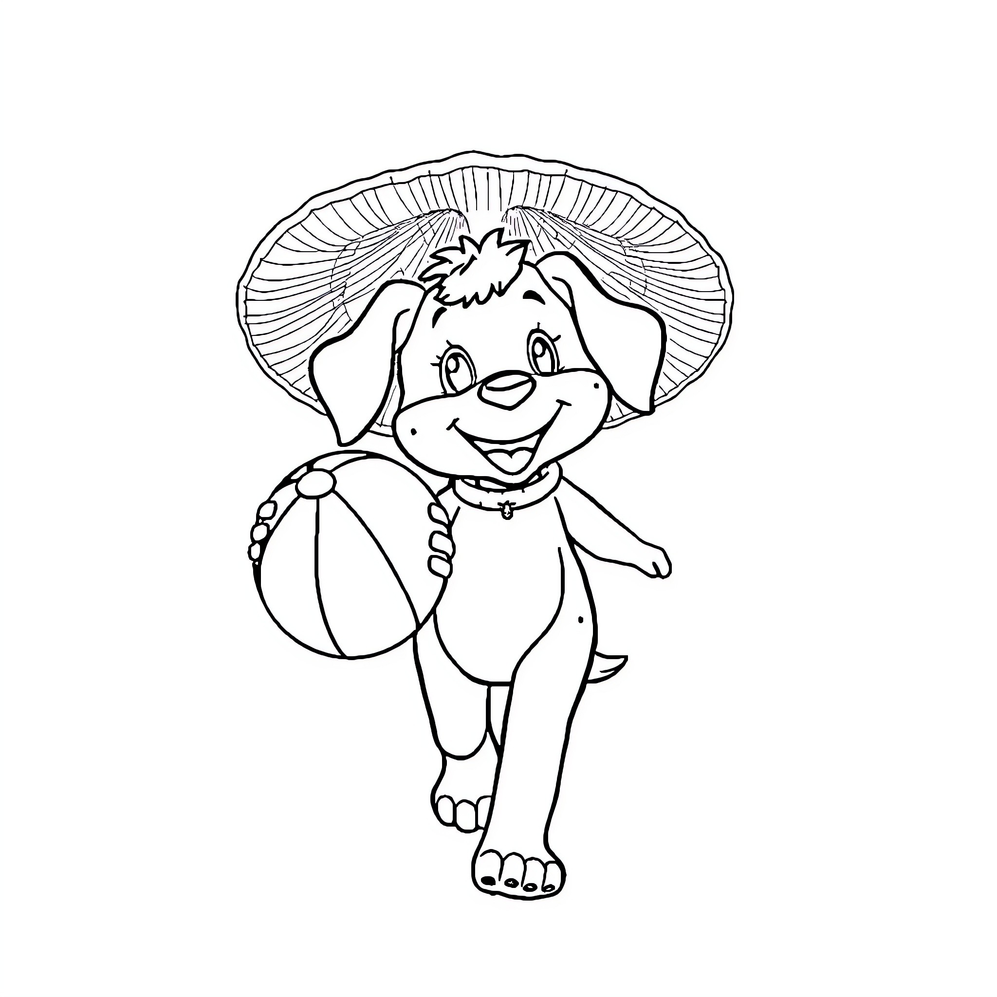 Labubu playing with a ball in the sun Coloring Page (free black-and-white line drawing printable PDF for all, from beginners to advanced learners, including children, teens, adults, and seniors)