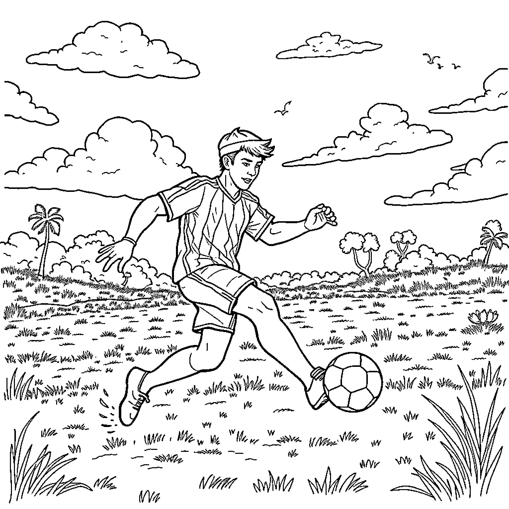 Spider-Man playing soccer in a grassy field Coloring Page (free black-and-white line drawing printable PDF for all, from beginners to advanced learners, including children, teens, adults, and seniors)