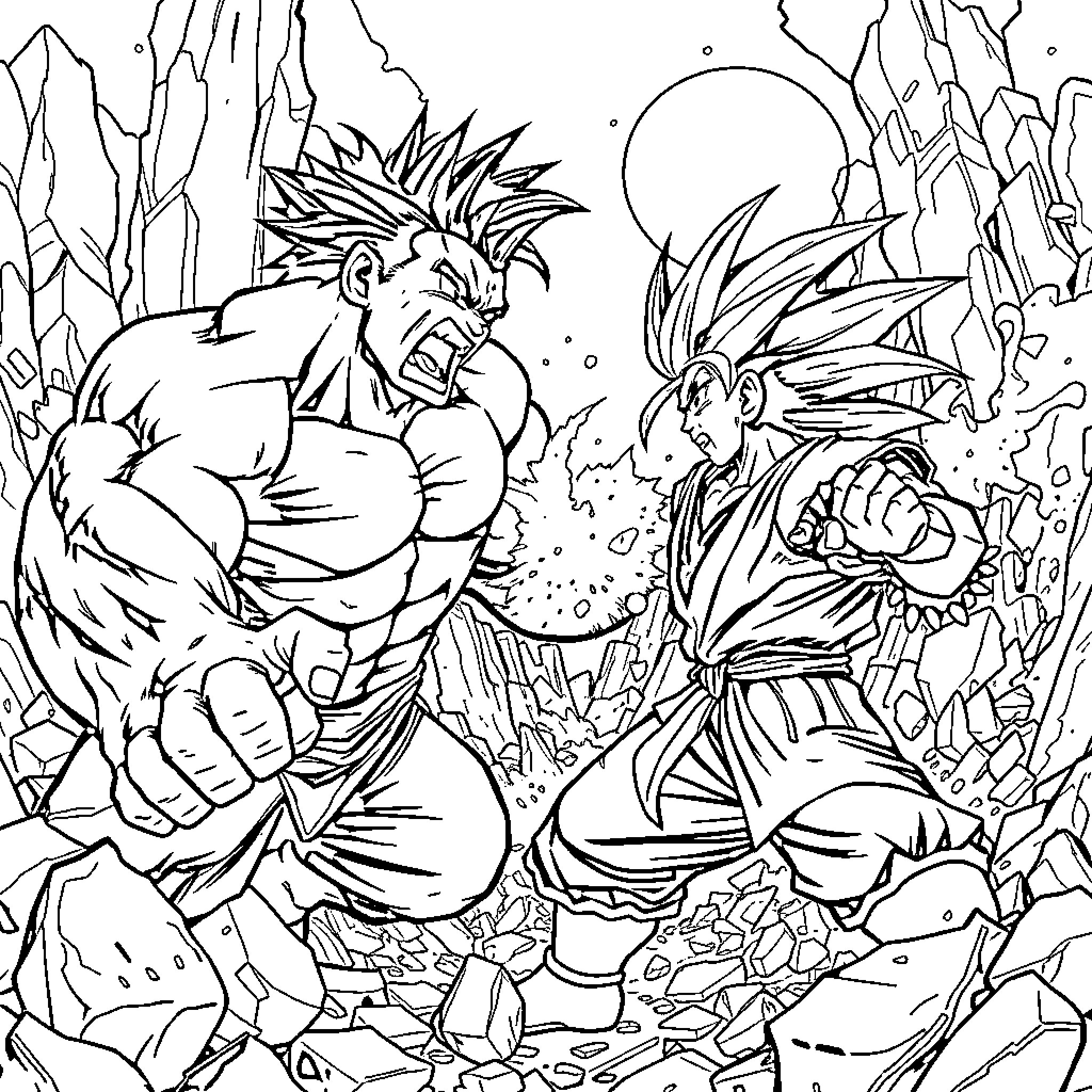 Hulk vs. Warrior in Epic Battle Coloring Page (free black-and-white line drawing printable PDF for all, from beginners to advanced learners, including children, teens, adults, and seniors)