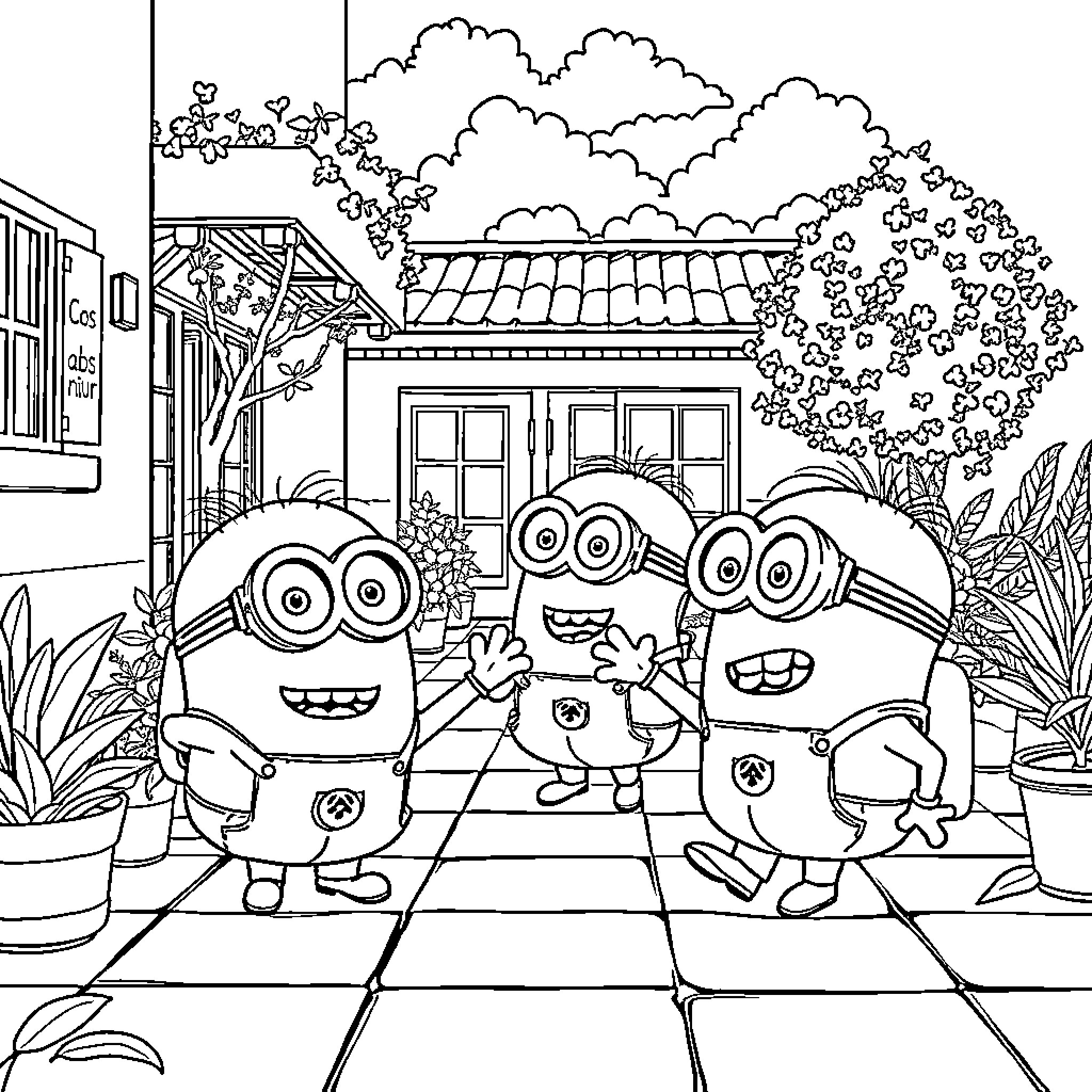 Minions enjoying a sunny day outdoors Coloring Page (free black-and-white line drawing printable PDF for all, from beginners to advanced learners, including children, teens, adults, and seniors)