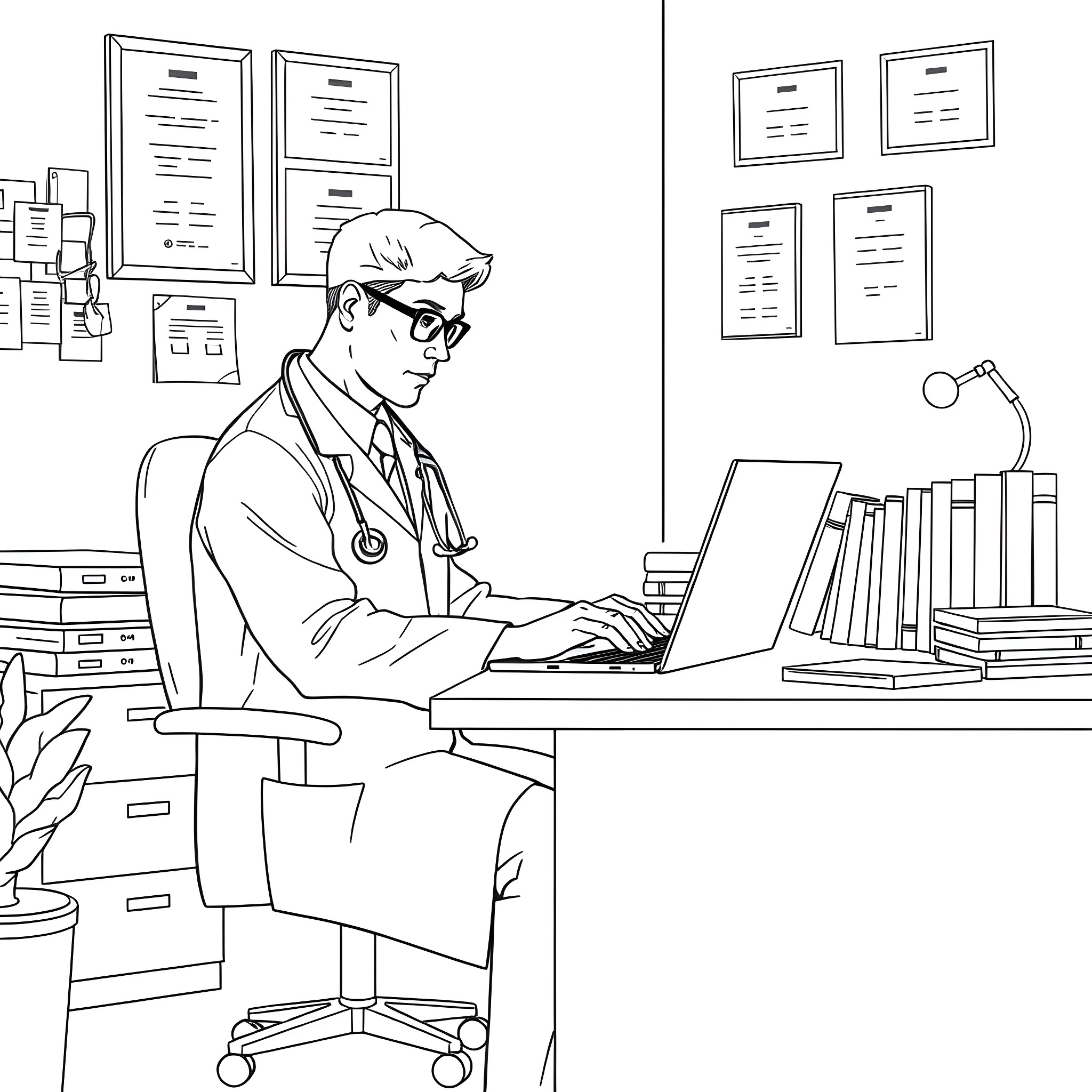 Doctor Diligently Working on Laptop in Office Coloring Page (free black-and-white line drawing printable PDF for all, from beginners to advanced learners, including children, teens, adults, and seniors)