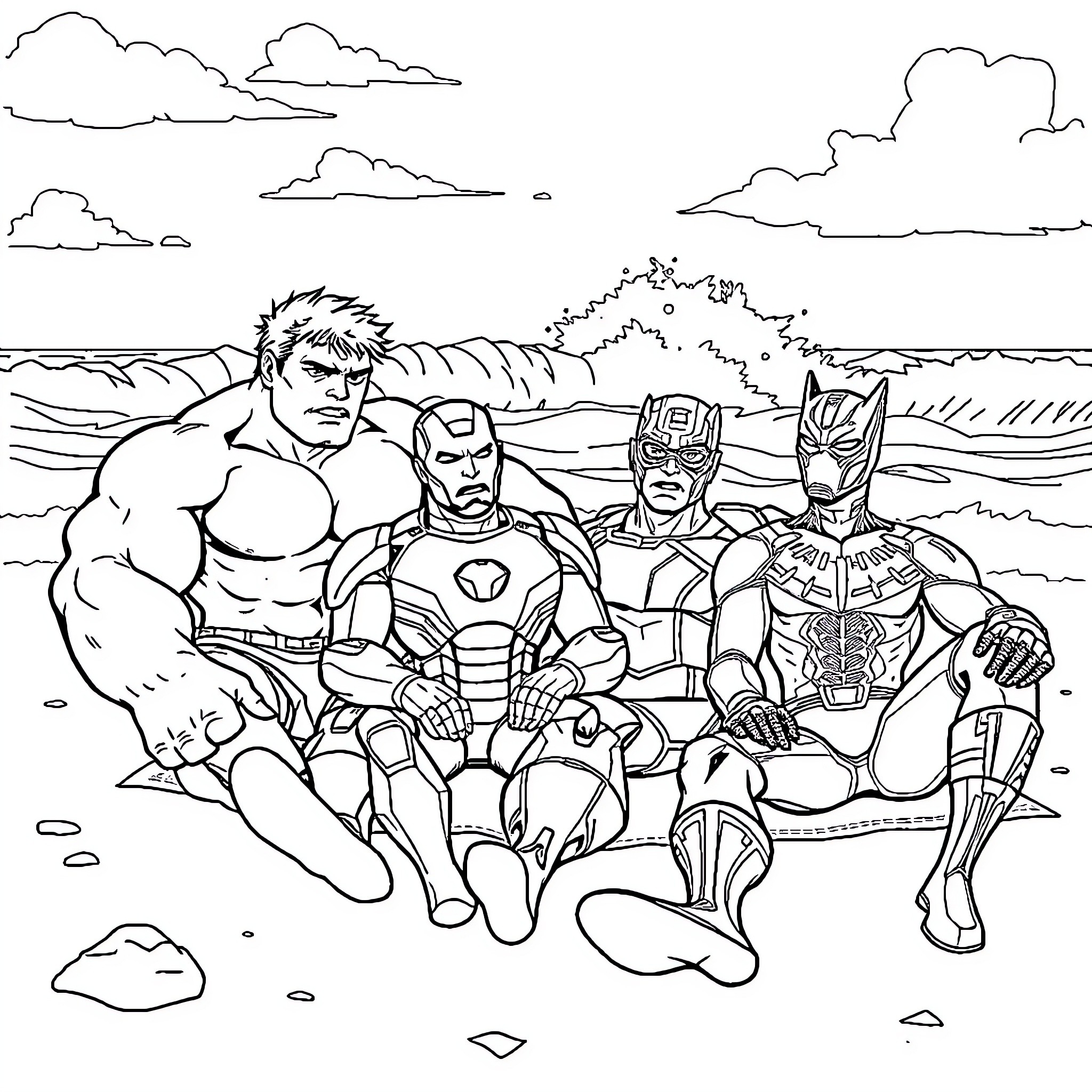 Hero Superheroes Team Relaxing on the Beach Coloring Page (free black-and-white line drawing printable PDF for all, from beginners to advanced learners, including children, teens, adults, and seniors)