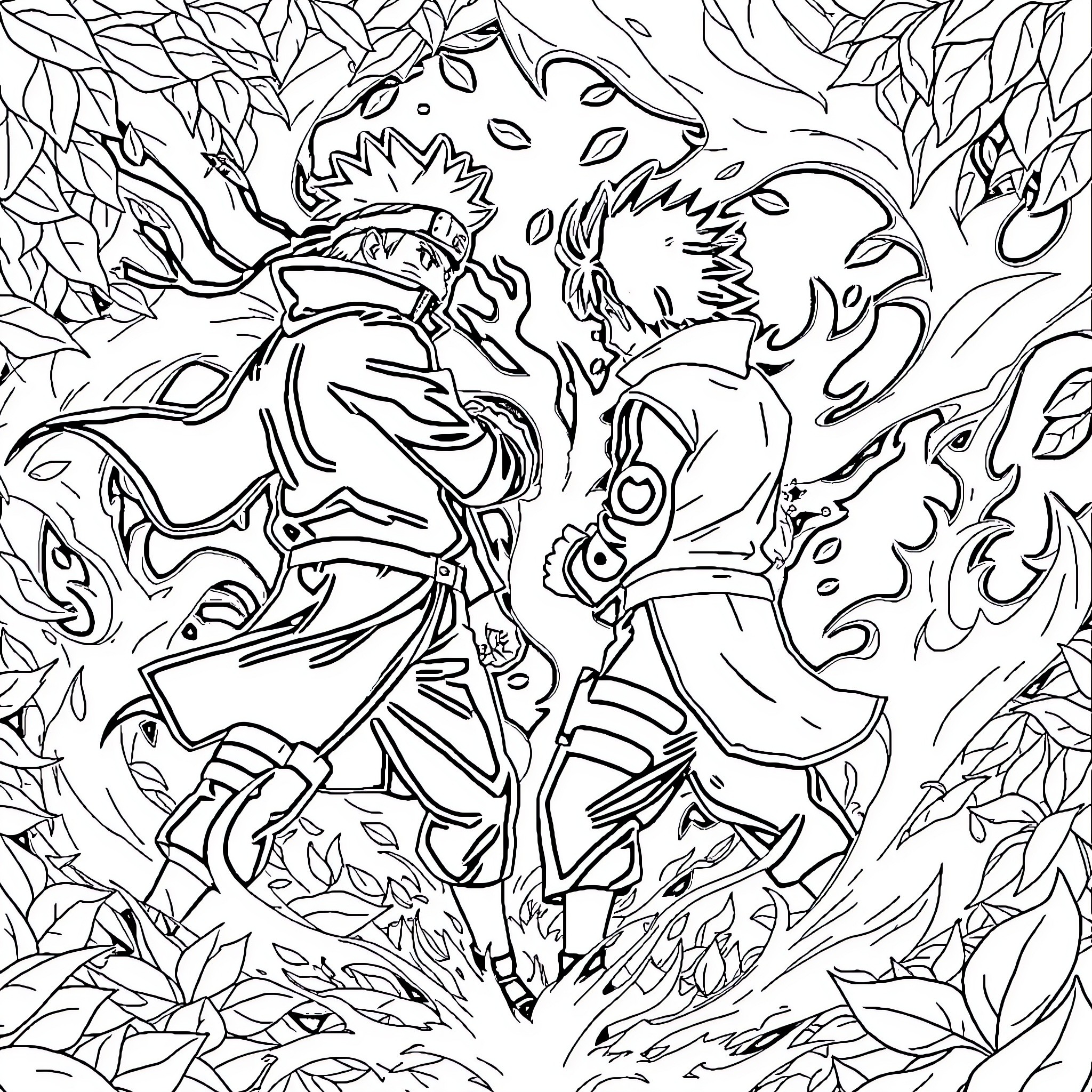 Naruto fighting fierce opponents in the wild Coloring Page (free black-and-white line drawing printable PDF for all, from beginners to advanced learners, including children, teens, adults, and seniors)