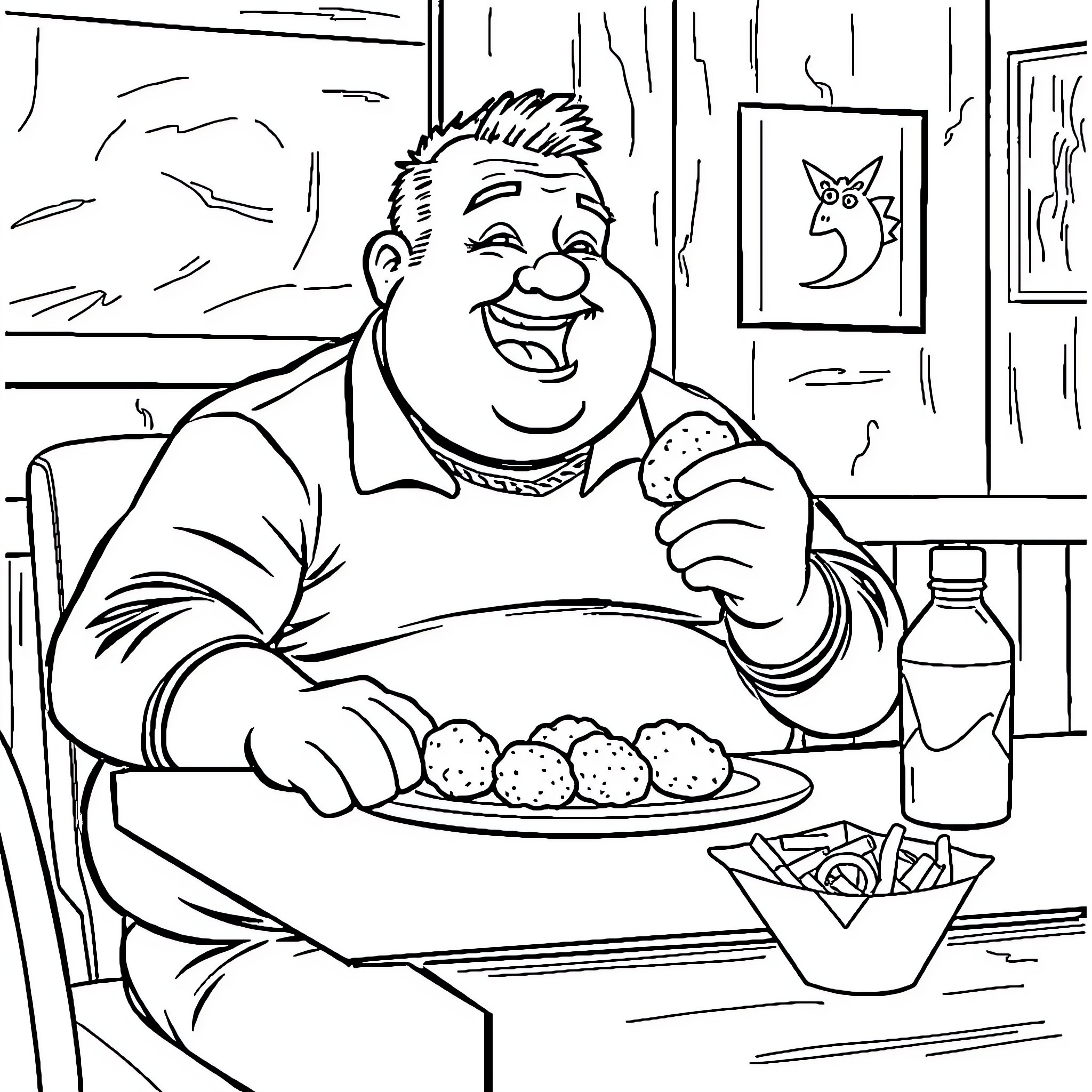 Man enjoying a hearty meal at a diner Coloring Page (free black-and-white line drawing printable PDF for all, from beginners to advanced learners, including children, teens, adults, and seniors)
