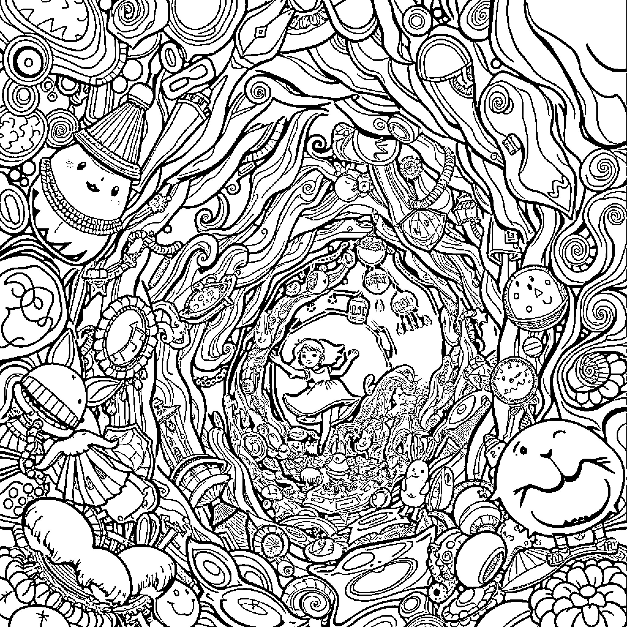 Alice's Magical Adventure in a Whimsical World Coloring Page (free black-and-white line drawing printable PDF for all, from beginners to advanced learners, including children, teens, adults, and seniors)